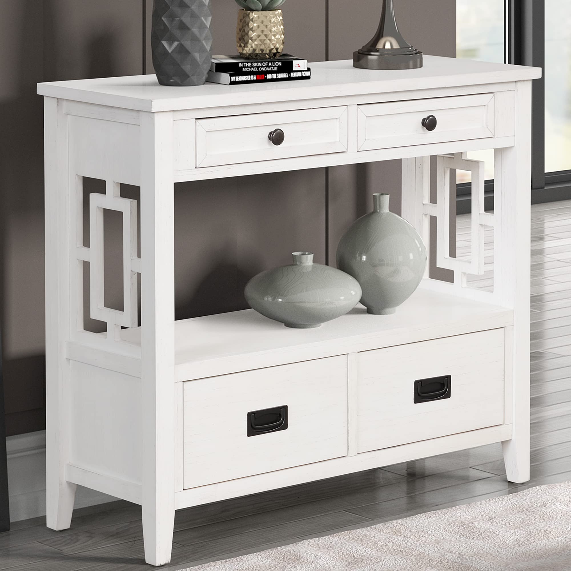 Vintage Farmhouse Pine Console Table with 4 Drawers & Storage Shelf - Rustic Entryway Sofa Table for Living Room, Bedroom, Hallway & Kitchen - Antique White Finish - Perfect for Home Decor & Small Space Organization
