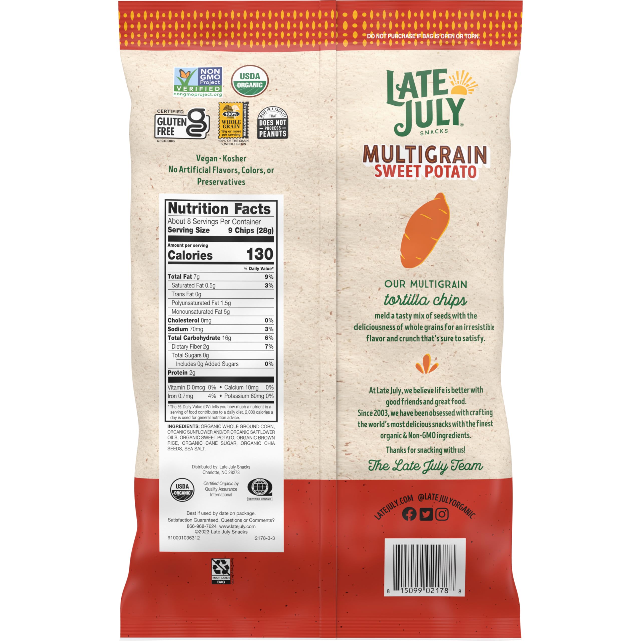 Organic Multigrain Sweet Potato Tortilla Chips by Late July Snacks - Gluten-Free, Non-GMO, 7.5 Oz Bag - Perfect for Healthy Snacking, Parties & Dips