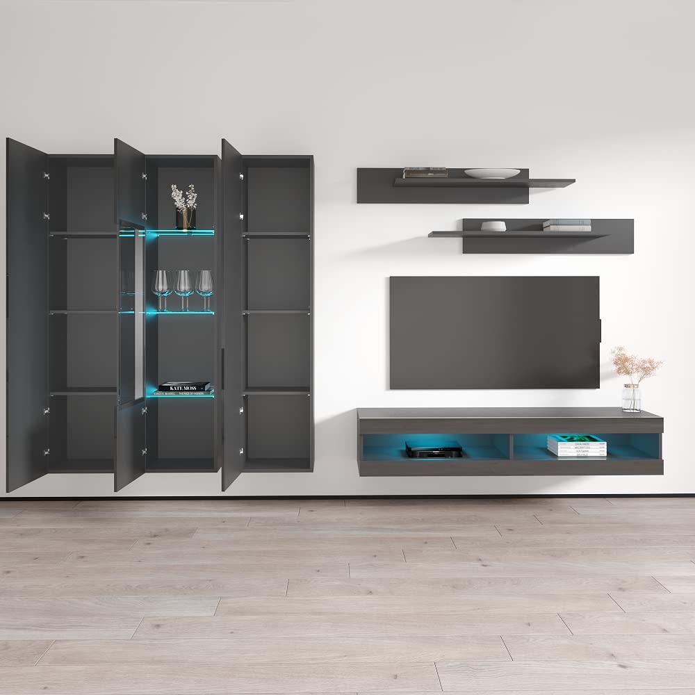 Modern Gray Wall-Mounted TV Stand with Storage Shelves & LED Lights - 34