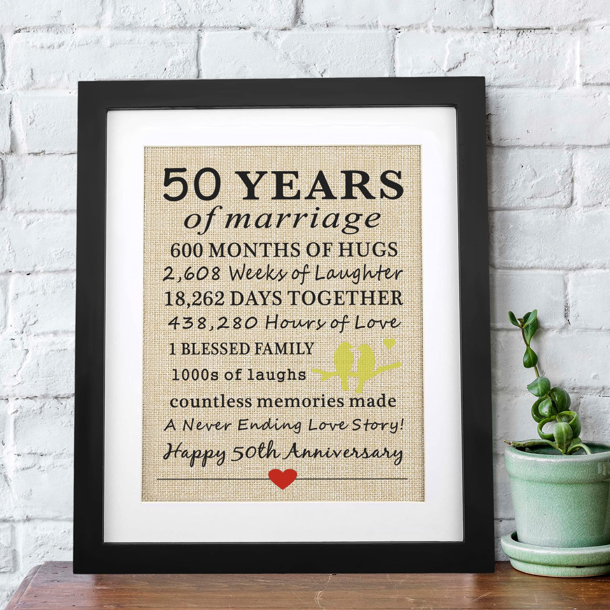 Corfara 50th Wedding Anniversary Burlap Print - Golden Anniversary Gift for Parents & Grandparents - Framed Decor for Couples' 50 Years of Marriage Celebration - Perfect for Home, Office & Anniversary Party Decorations