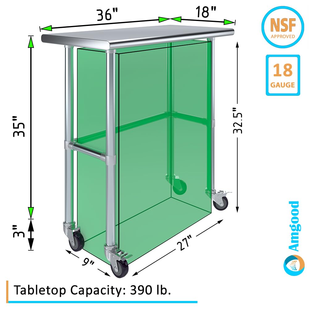 AmGood Stainless Steel Work Table with Open Base & Wheels - 36