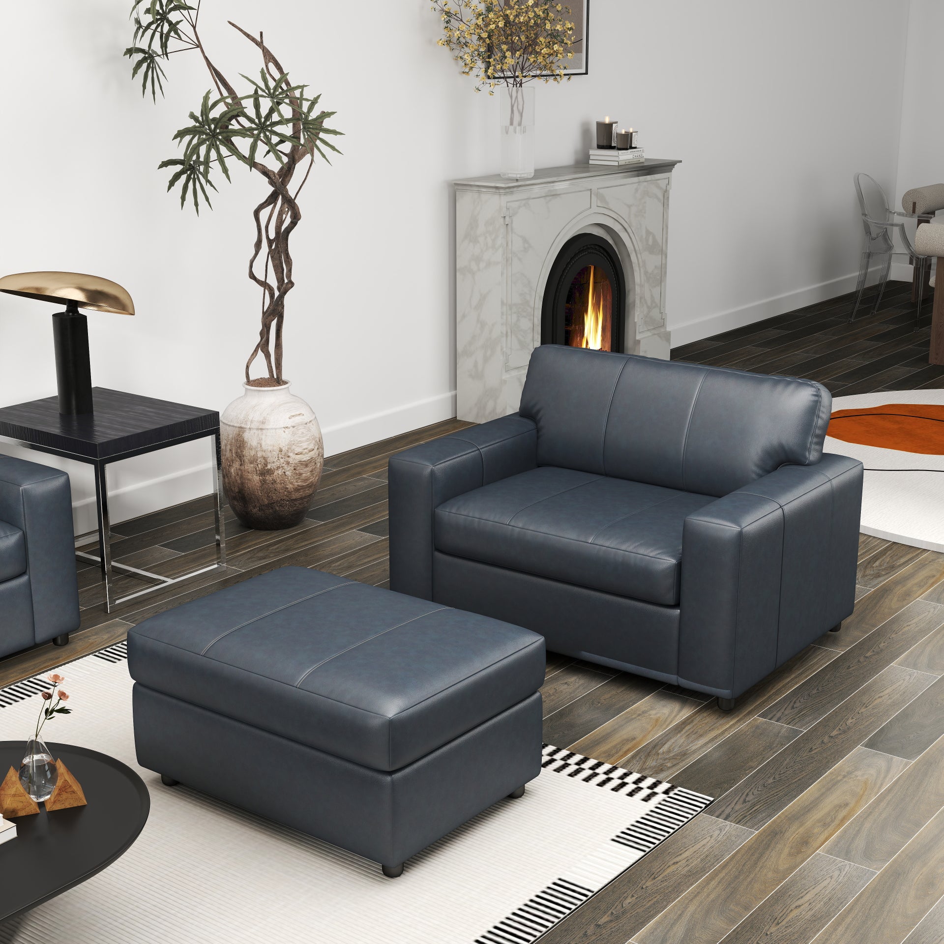 Roundhill Furniture Sakan Genuine Leather Upholstered Living Room Set - Sofa, Loveseat & Chair - Modern Sectional Couch for Home Theater, Family Room & Lounge Areas