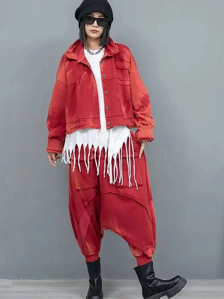 Big Size Red Short Jacket with Pocket & Cross Pants Two-Piece Suit - Women's Fashion Lapel Long Sleeve Outfit for Spring/Autumn 2025 | Casual Wear, Office Attire & Street Style