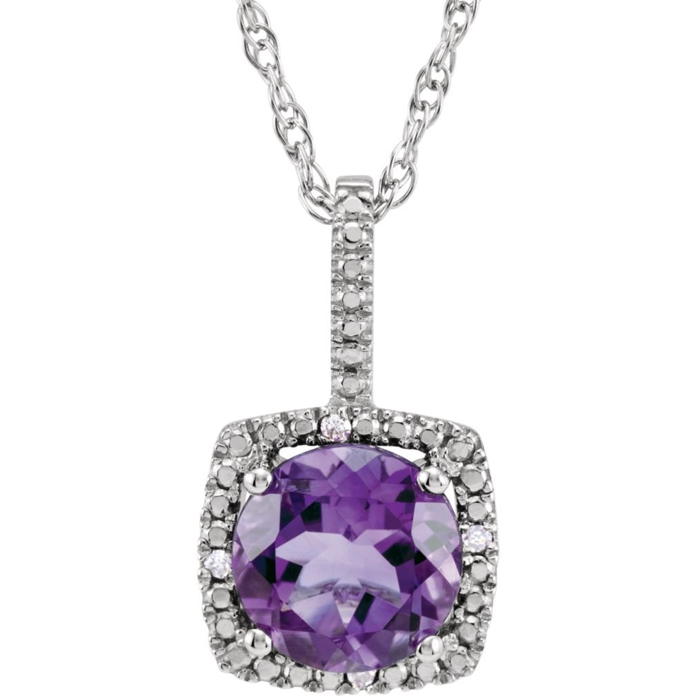 Elegant Halo-Style Amethyst & Diamond Necklace - .015 CTW, Sterling Silver, 18