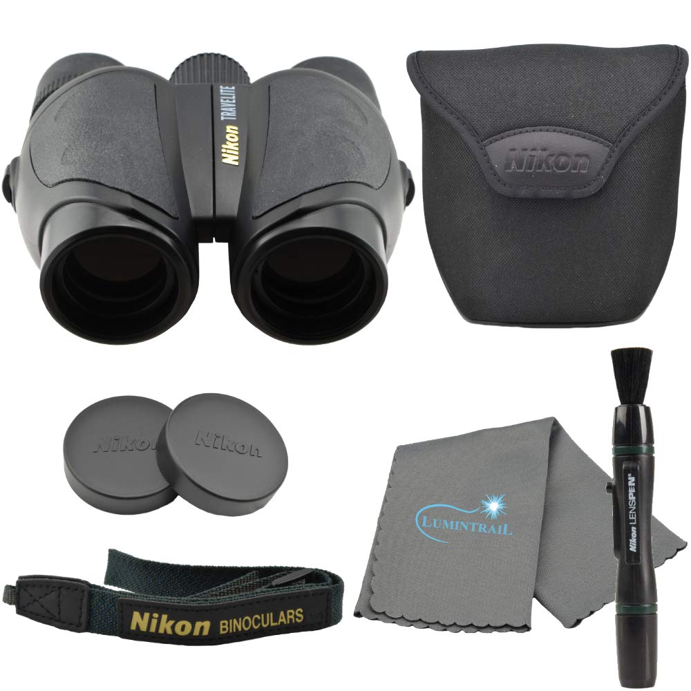 Nikon Travelite 8x25 Compact Binoculars for Travel & Bird Watching - Lightweight Black Binoculars with Nikon Lens Pen & Lumintrail Cleaning Cloth - Perfect for Hiking, Concerts & Outdoor Adventures