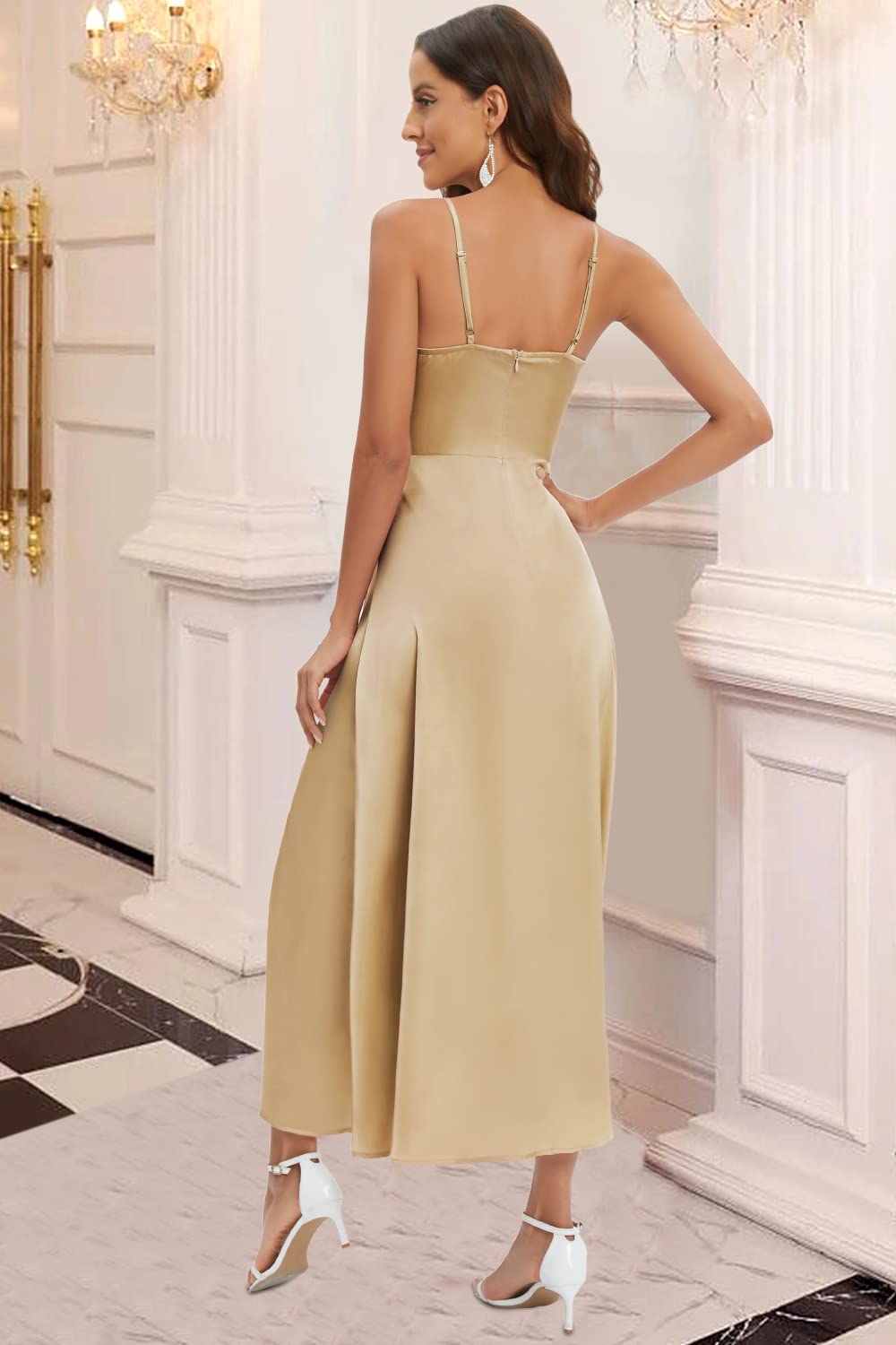 Newshows Women's 2024 Summer V-Neck Satin Cocktail Dress - Spaghetti Strap Sleeveless Maxi Dress with High Slit for Wedding Guest, Party, Date Night & Special Occasions
