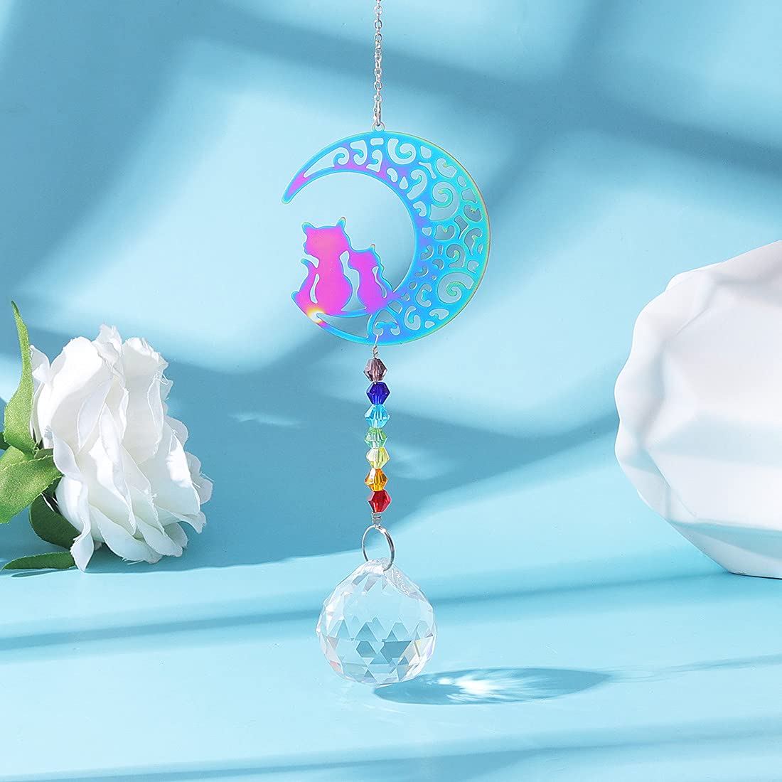 Chakra Beads Moon Cat Crystal Ball Prism Pendant - Rainbow Maker Hanging Suncatcher Ornament for Home Decor & Protection | Perfect for Windows, Meditation Spaces & Spiritual Healing