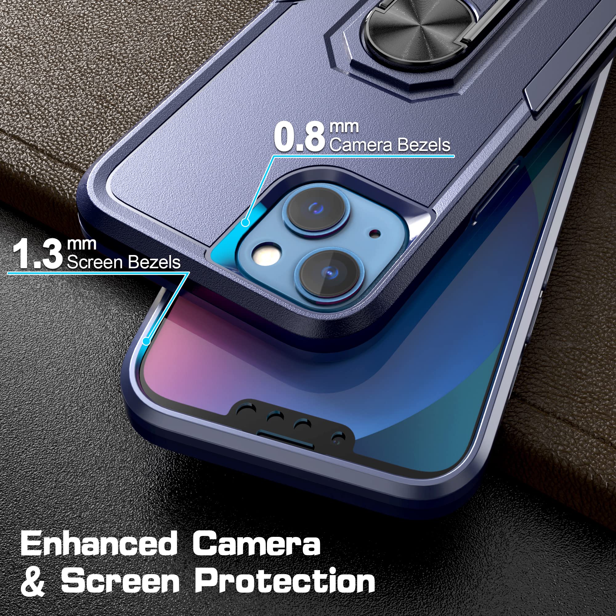 Premium Shockproof iPhone 13 Case with Tempered Glass Screen Protector & Magnetic Kickstand | Slim Hybrid Protective Cover with Car Mount Ring | Blue | Perfect for Daily Use, Travel & Hands-Free Viewing