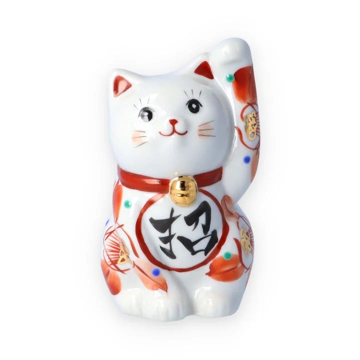 Authentic Kutani Yaki Japanese Maneki Neko Lucky Cat Figurine - Red Camellia Design | Handcrafted Ceramic Beckoning Cat for Home Decor, Office Feng Shui & Good Fortune Gift