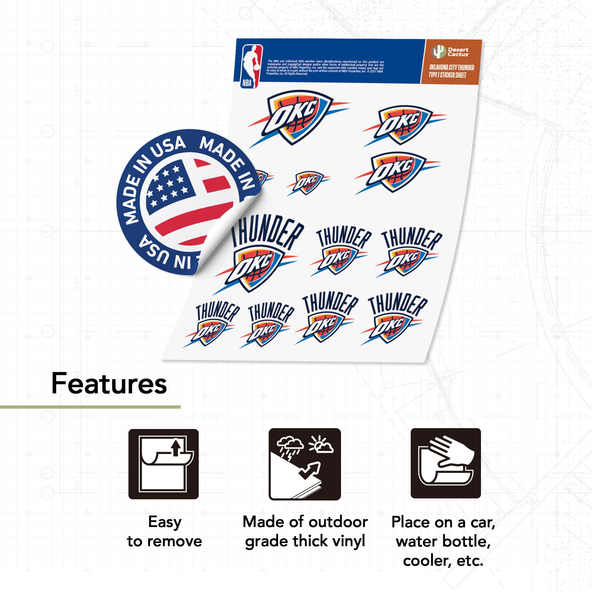 Officially Licensed OKC Thunder NBA Desert Cactus Vinyl Decal Sticker - Waterproof for Laptop, Water Bottle, Car & Scrapbooking - Perfect for Fans, Gifts & Home Decor