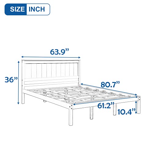 P PURLOVE Queen Size Bed Frame - Solid Wood Platform Bed with Headboard, No Box Spring Needed, White Wooden Bed for Bedroom, Guest Room & Master Suite