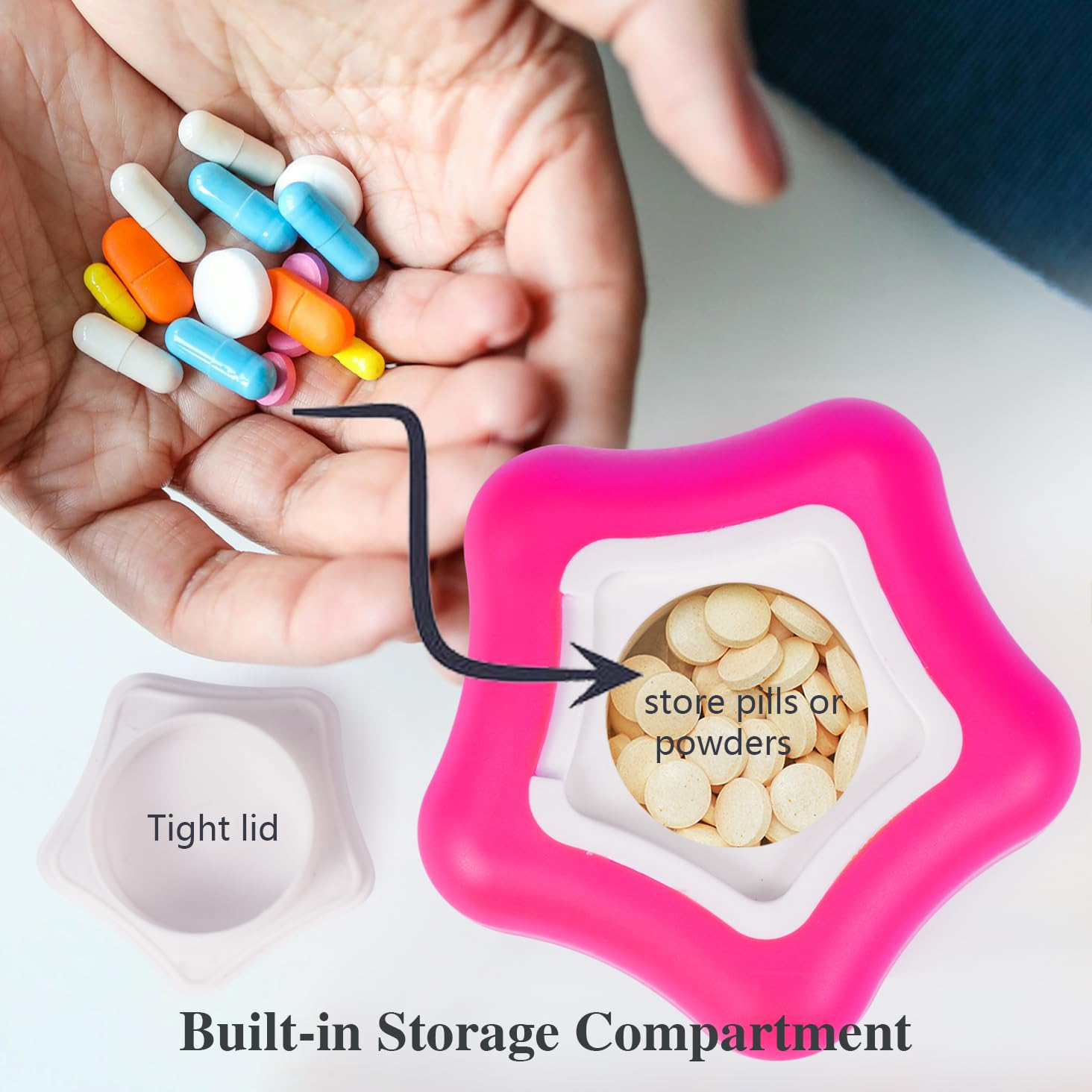 Johnbee Pill Crusher & Grinder - Fine Powder for Easy Medication - Storage Compartment & Silicone Edges - Grinds Multiple Pills at Once - Includes Cleaning Brush (Purple) - Perfect for Elderly Care, Family Use & Pet Medication