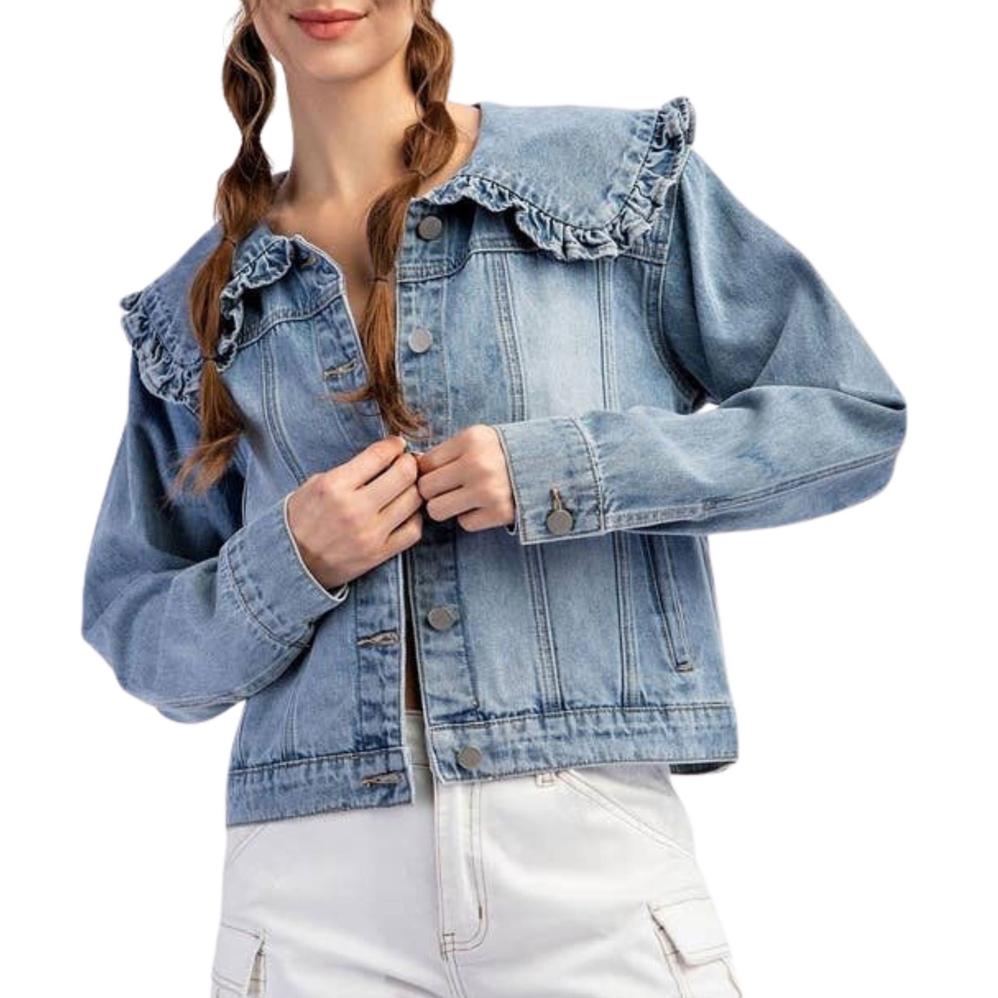 Vintage Mineral Washed Denim Jacket with Sailor Collar - Stylish Women's Outerwear for Casual, Streetwear & Boho Fashion