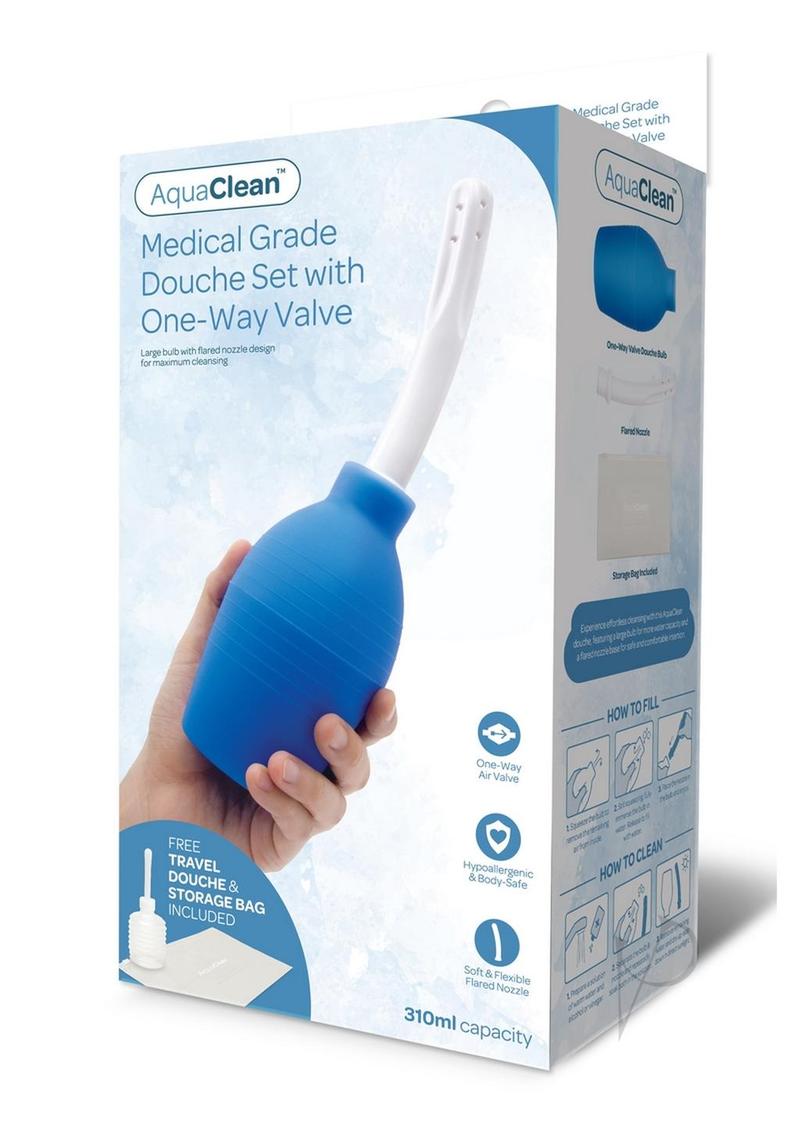 AquaClean Large Volume 310ML Douche with One Way Valve - Blue & White | Enema Kit for Colon Cleansing & Personal Hygiene | Perfect for Home Use & Travel