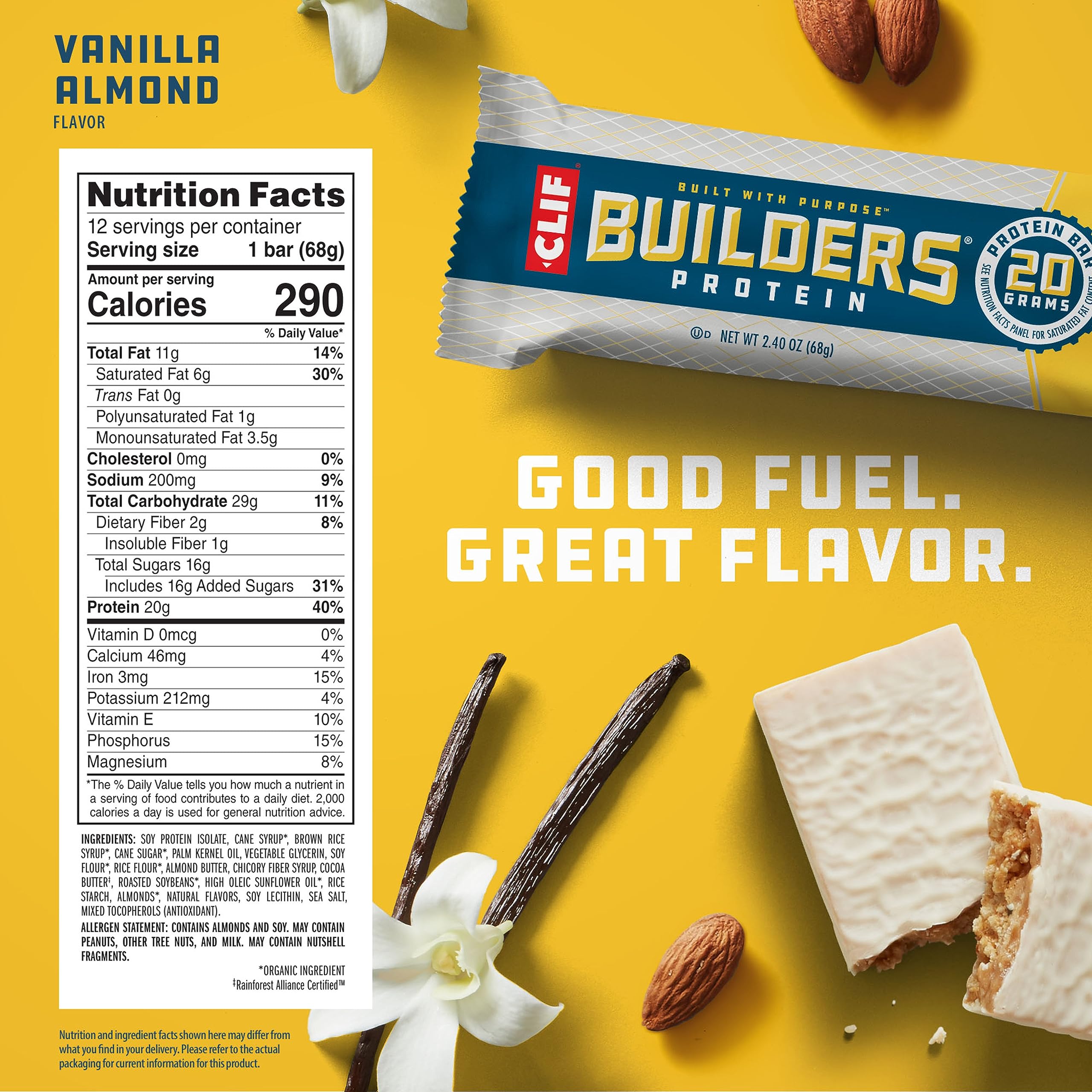 CLIF Builders Protein Bars - Vanilla Almond Flavor, 20g Plant-Based Protein, Gluten Free, Non-GMO, Low Glycemic - 2.4oz (12 Pack) - Perfect for Post-Workout Recovery, Hiking Snacks & On-the-Go Nutrition
