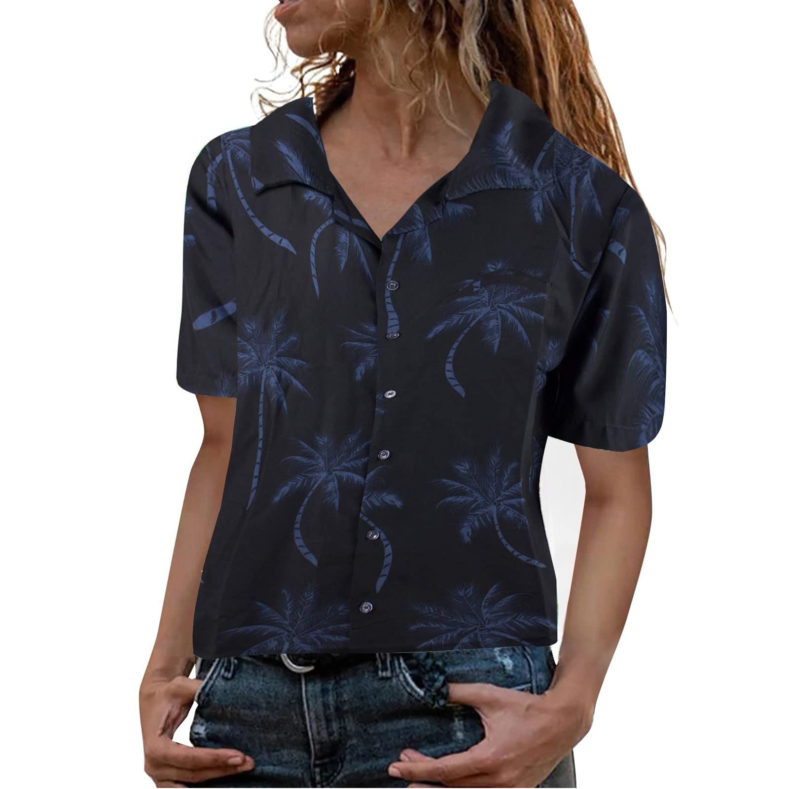CSBYBD Women's Hawaiian Shirt - Floral Palm Print Button Down Blouse with Front Pocket (Black, Small) | Casual Summer Beach Wear, Vacation Outfit, Tropical Party Top