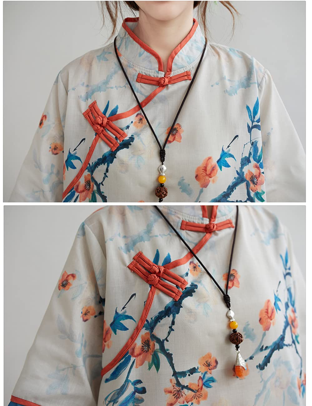 LUZU JUNU Women's Summer Linen Shirt - Elegant Retro Chinese Frog Button Floral Tunic Blouse | Breathable Casual Top for Beach, Vacation & Everyday Wear