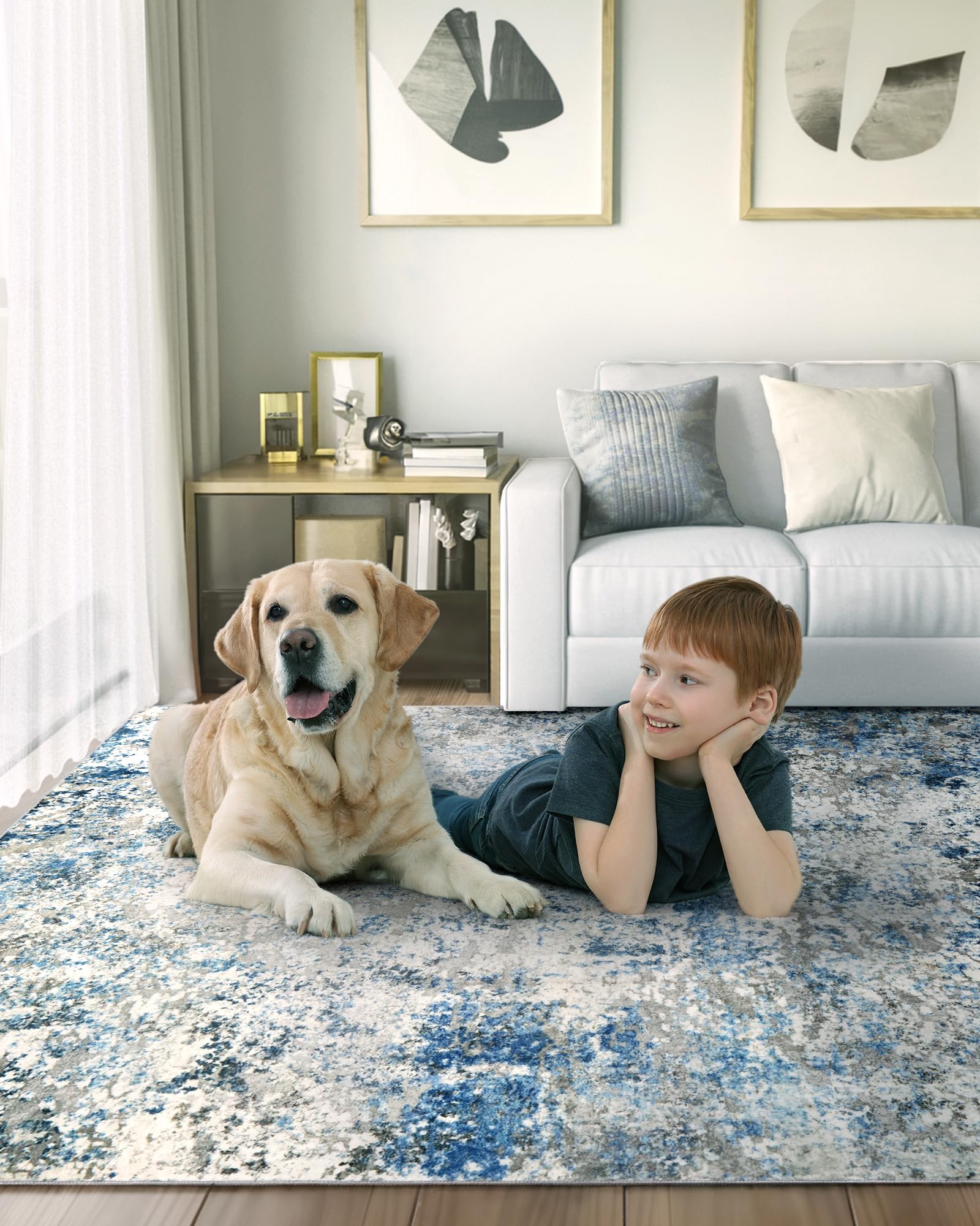 9x12 Washable Modern Abstract Area Rug - Soft Neutral Non-Slip Low Pile Carpet for Living Room, Bedroom, Dining Room, Nursery & Home Office (Grey/Blue) | Perfect for Cozy Home Decor & High Traffic Areas