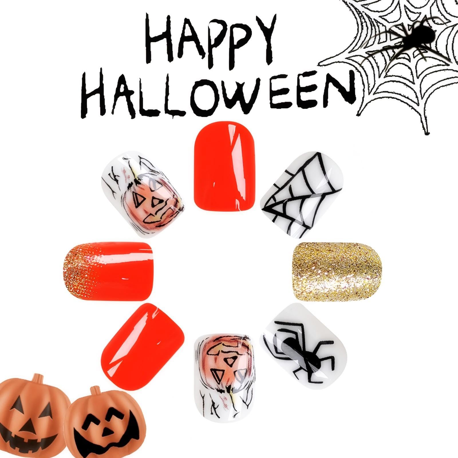 24pcs Halloween Press On Nails - Short Square Fake Nails with Pumpkin & Spider Design, Gold Glitter Acrylic Full Cover False Nails for Women | Perfect for Halloween Parties, Costume Events & Spooky Nail Art
