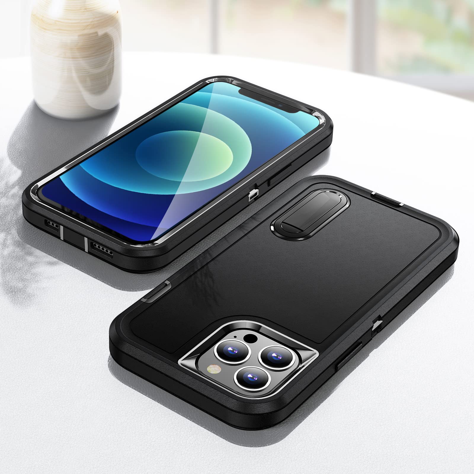 BaHaHoues Military Grade Shockproof iPhone 12 Case with Built-in Kickstand - Protective Cover for iPhone 12/12 Pro | Dustproof & Drop Proof | Perfect for Outdoor Activities, Travel & Daily Use (Black)