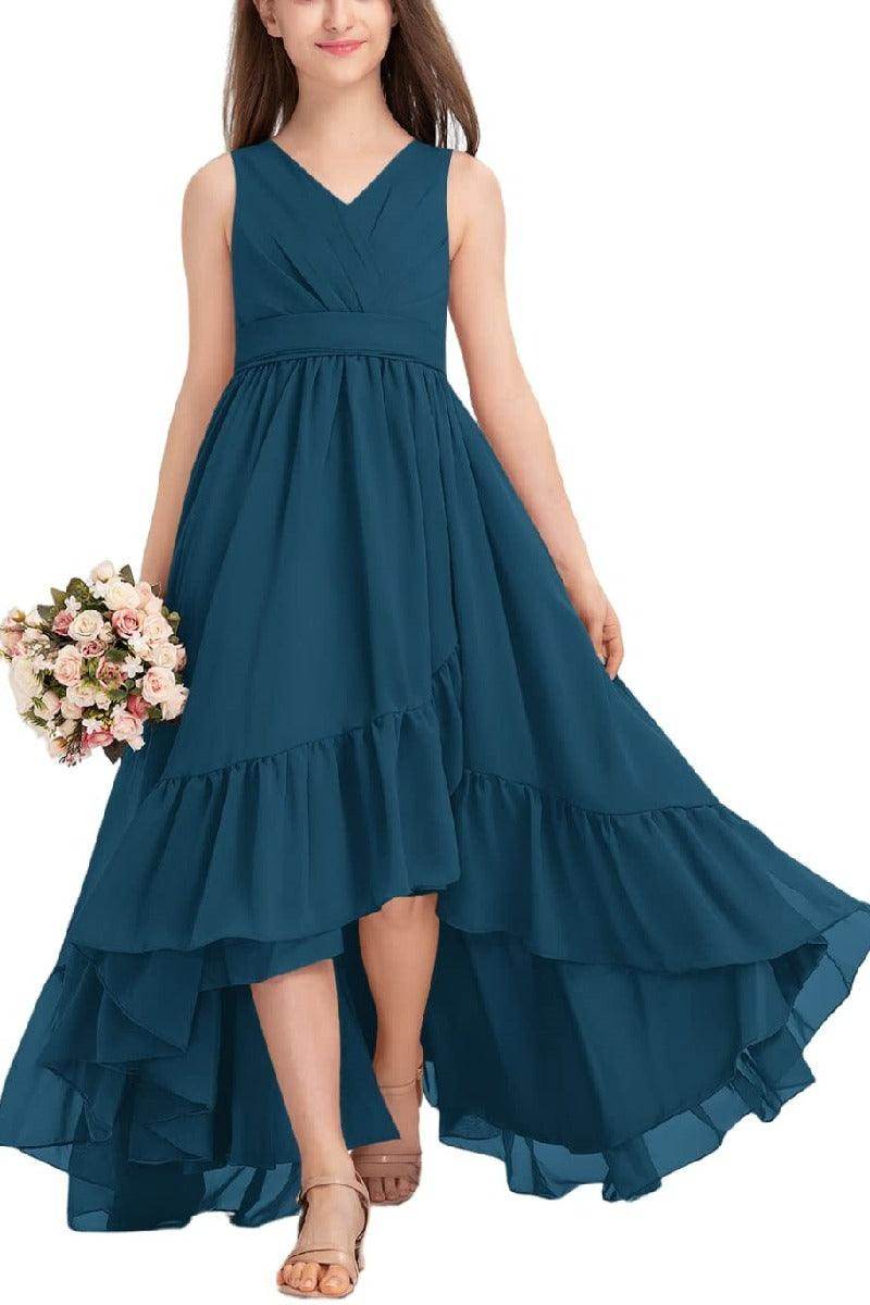 Junior Bridesmaid Dress High Low Chiffon Gown - Elegant Tea-Length Formal Gown for Weddings, Prom & Special Occasions