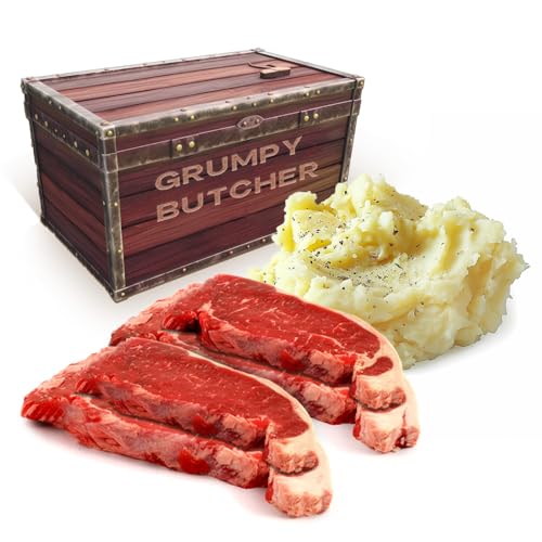 Premium Grumpy Butcher Steak and Mash Gift Set - 4 USDA New York Strip Steaks & Homestyle Mashed Potatoes in Elegant Treasure Box | Perfect for Anniversary Gifts, Corporate Gifting & Special Occasions | Ready-to-Cook Gourmet Meal Package