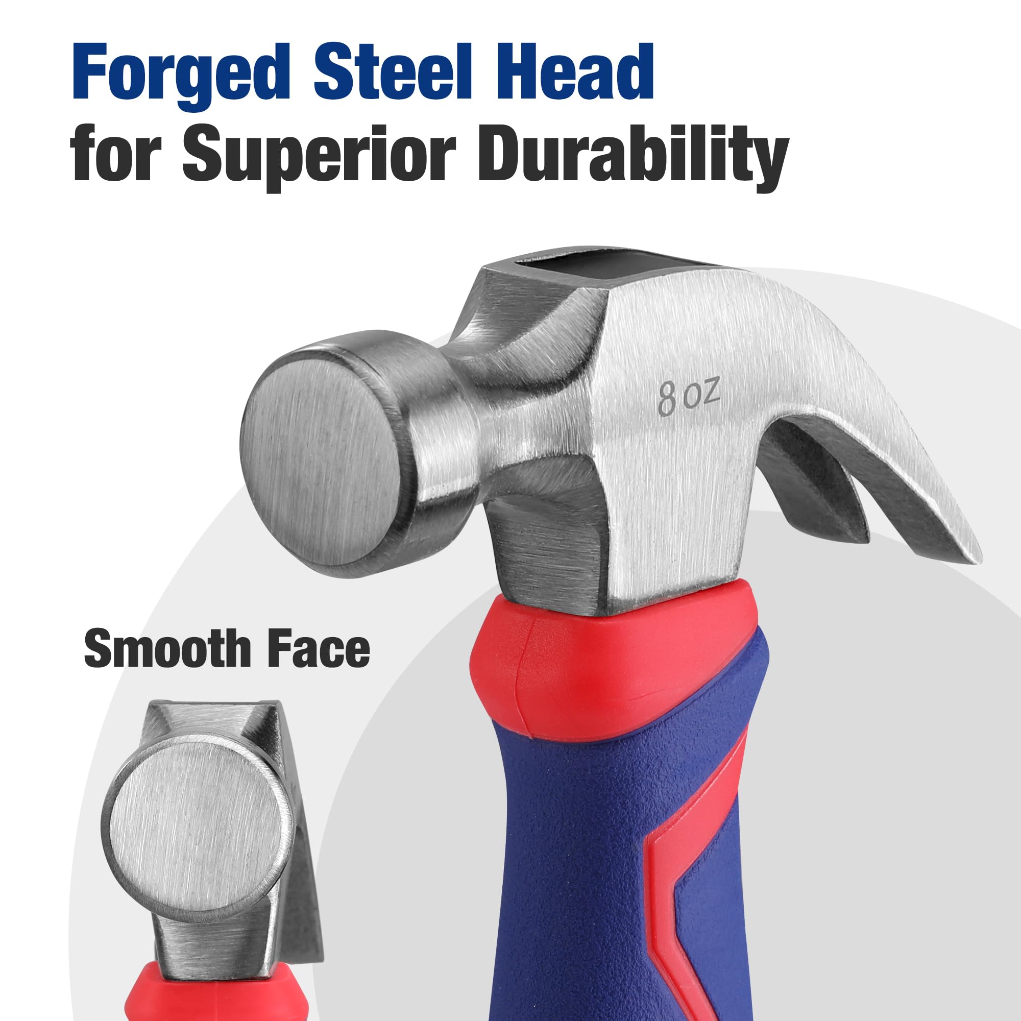 WORKPRO 8 oz Fiberglass Claw Hammer - Forged Steel Head, Shock Absorbing Grip - Perfect for Home Repair, Construction & DIY Projects - Smooth Face Hammer for Nail Pulling & Woodworking
