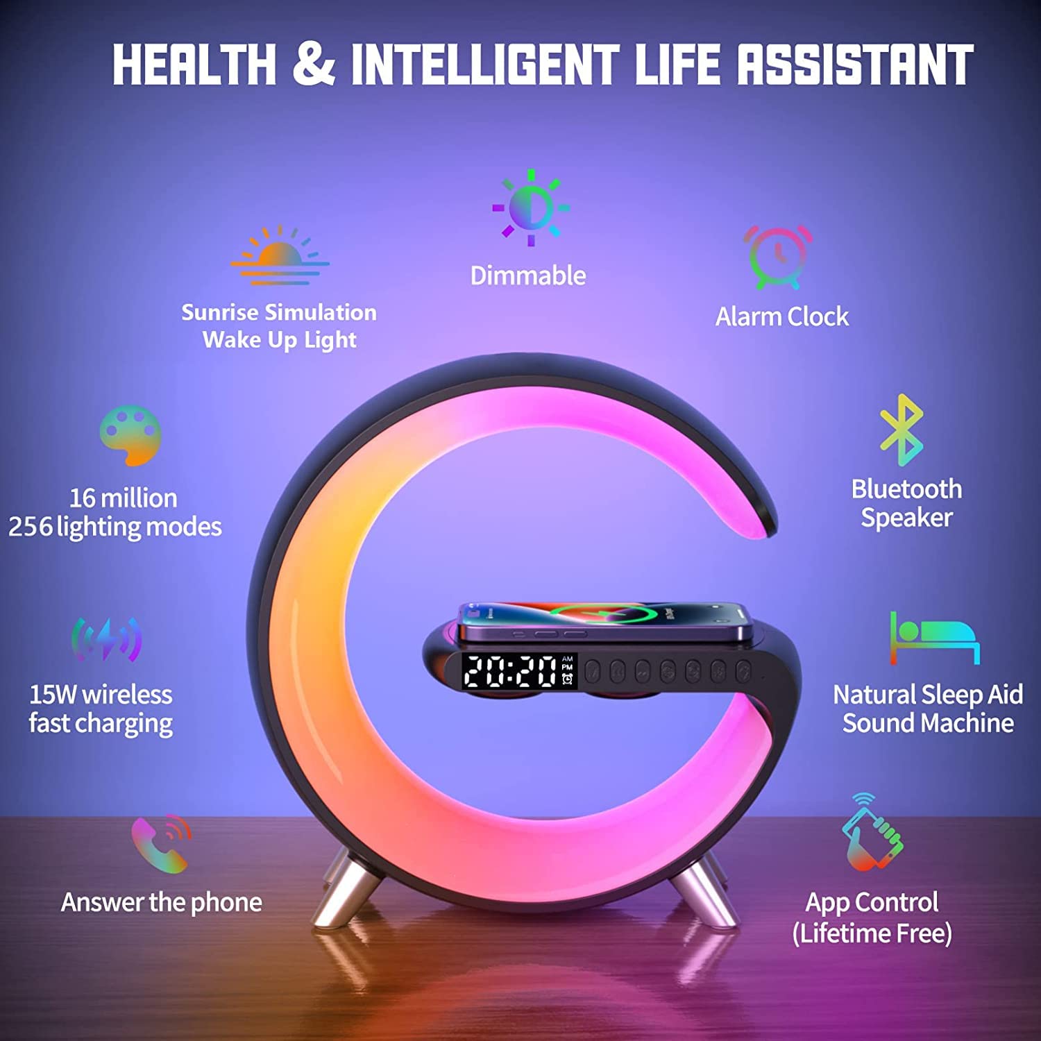 BKDRL Portable Bluetooth Speaker with Wireless Charger - Mini Wireless Speaker, RGB Night Light, Alarm Clock & Charging Station, App Control, Atmosphere Lamp (Black) | Perfect for Bedroom, Office, Travel & Home Decor