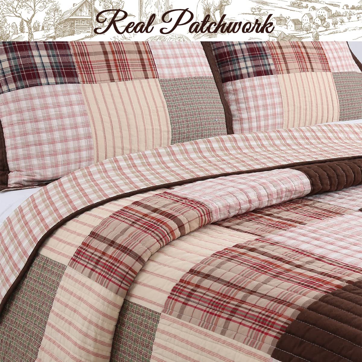 Brody Farmhouse Chocolate Plaid Reversible Quilt Set - 3 Piece King Size Brown Grid Bedspread | Cozy Patchwork Coverlet for Farmhouse & Rustic Bedroom Decor | Perfect for Master Bedrooms, Guest Rooms & Cozy Winter Nights