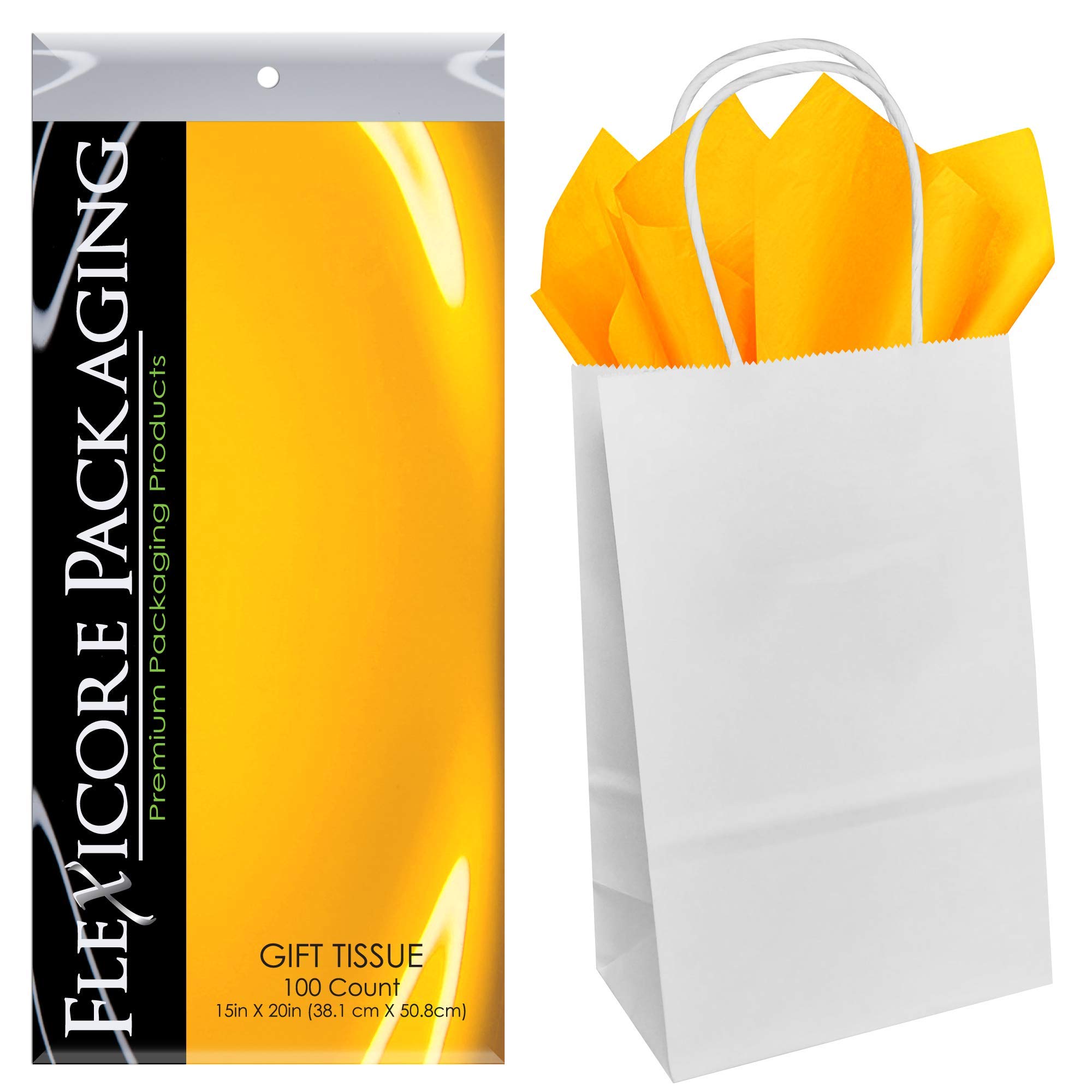Premium White Kraft Paper Gift Bags with Goldenrod Yellow Tissue Wrap - 5.25