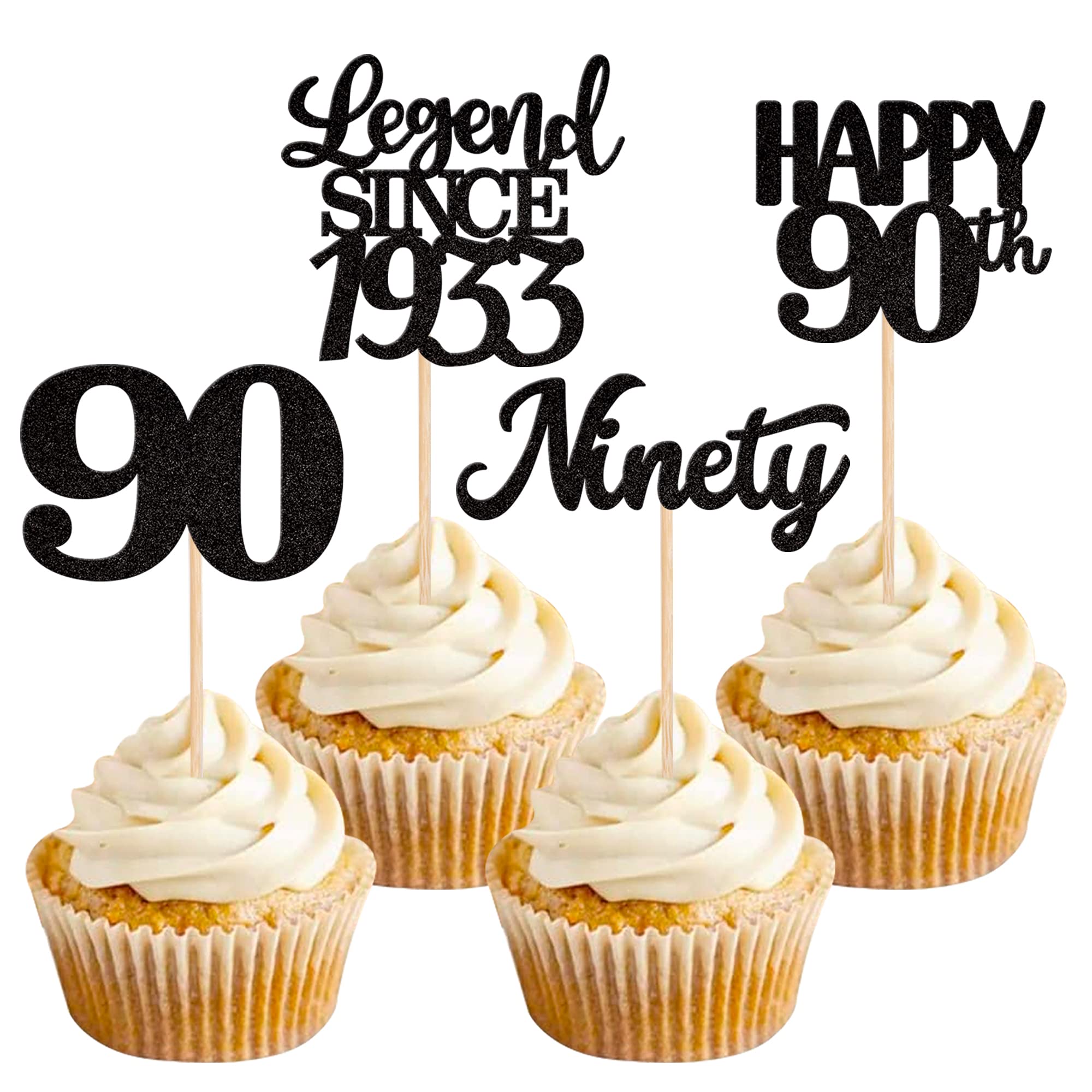 24 PCS Black Glitter 90th Birthday Cupcake Toppers - Happy 90th Legend Since 1933, Ninety Cheers to 90 Years - Cake Decorations for 90th Birthday Party Supplies (Perfect for Anniversary Celebrations, Retirement Parties & Milestone Events)