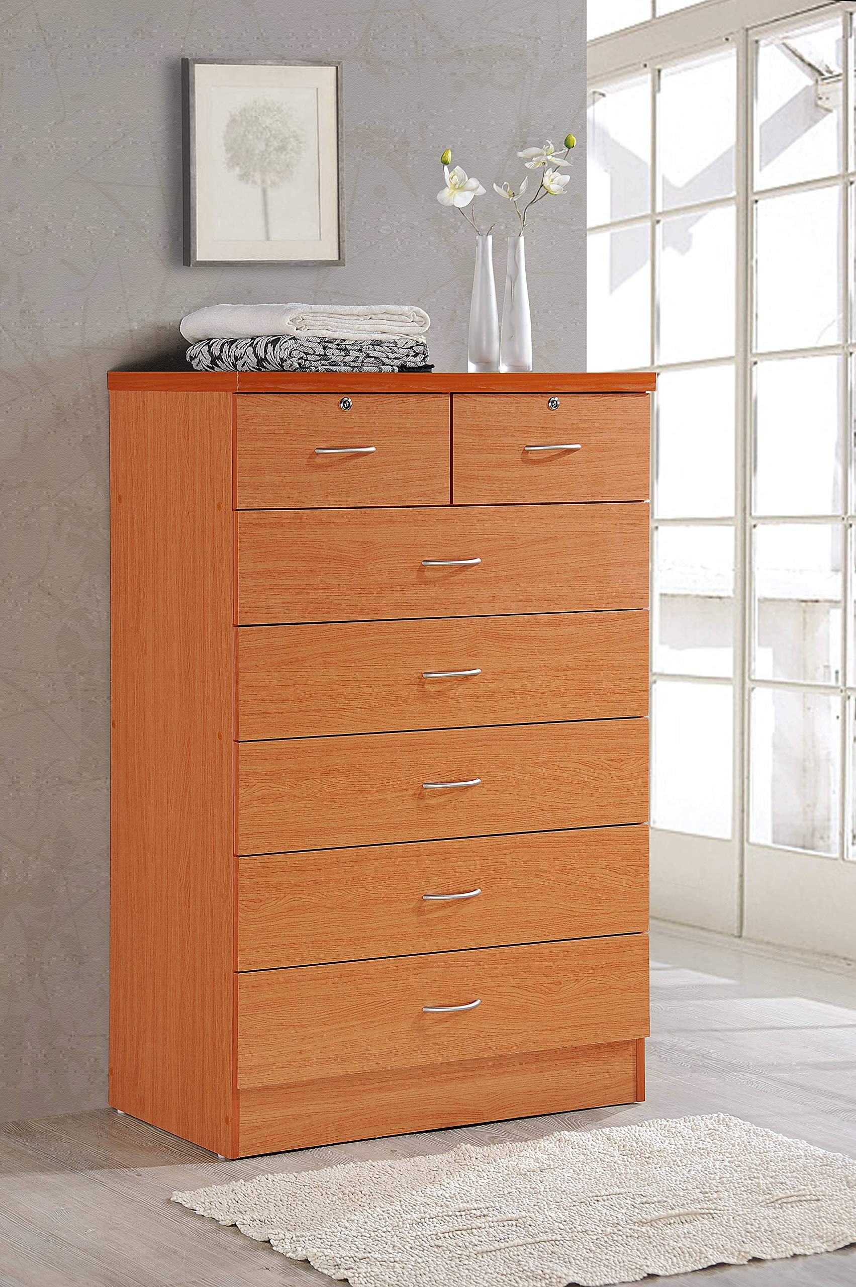 HODEDAH 7-Drawer Wooden Dresser for Bedroom - 31.5 Inch Wide Chest of Drawers with 2 Lockable Top Drawers - Cherry Finish Clothing Storage Organizer - Perfect for Bedroom, Nursery, or Closet Organization