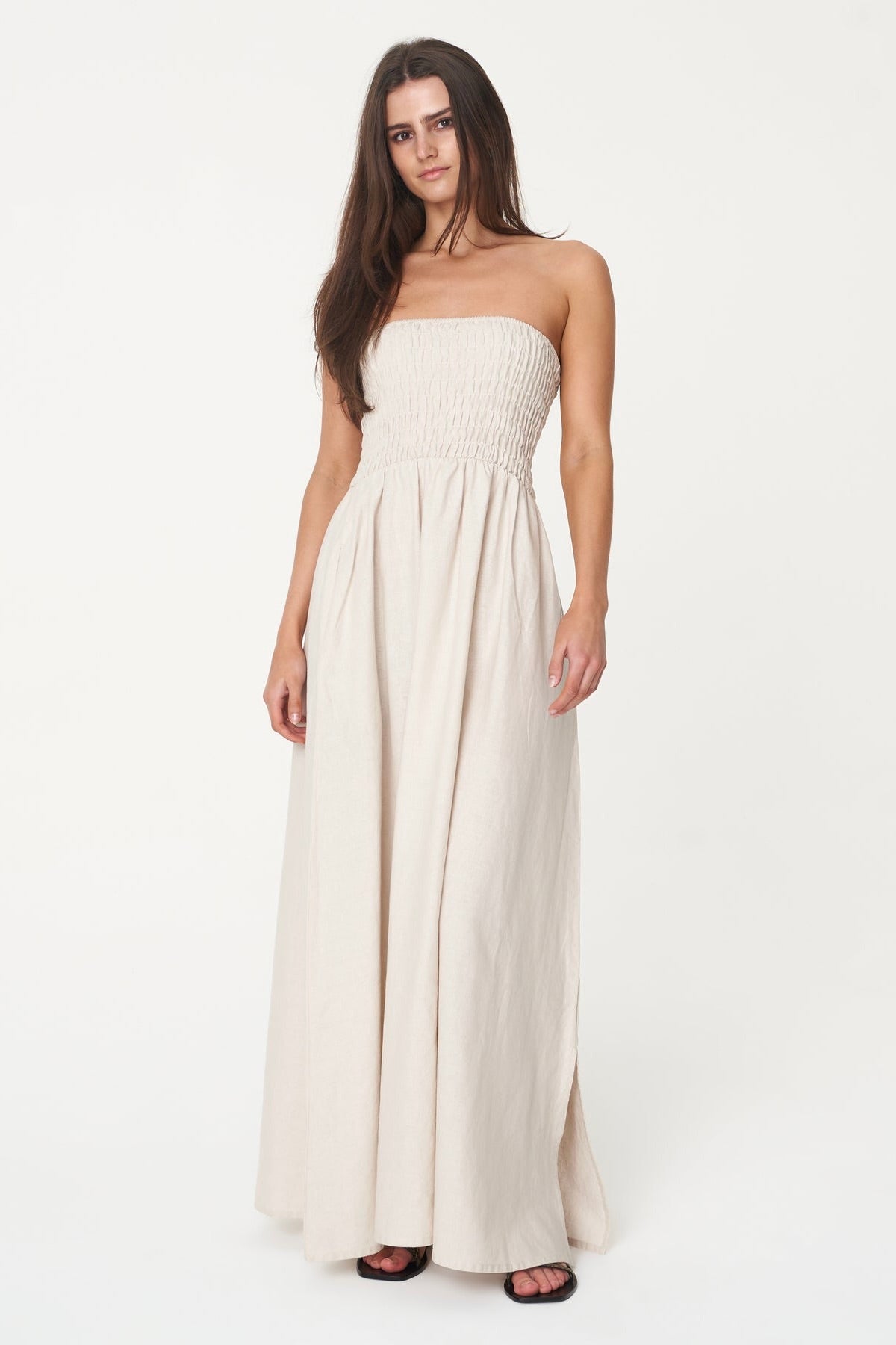 Strapless Linen Midi Dress for Women - Natural Boho Summer Beach Dress - Perfect for Vacation, Date Night & Outdoor Weddings