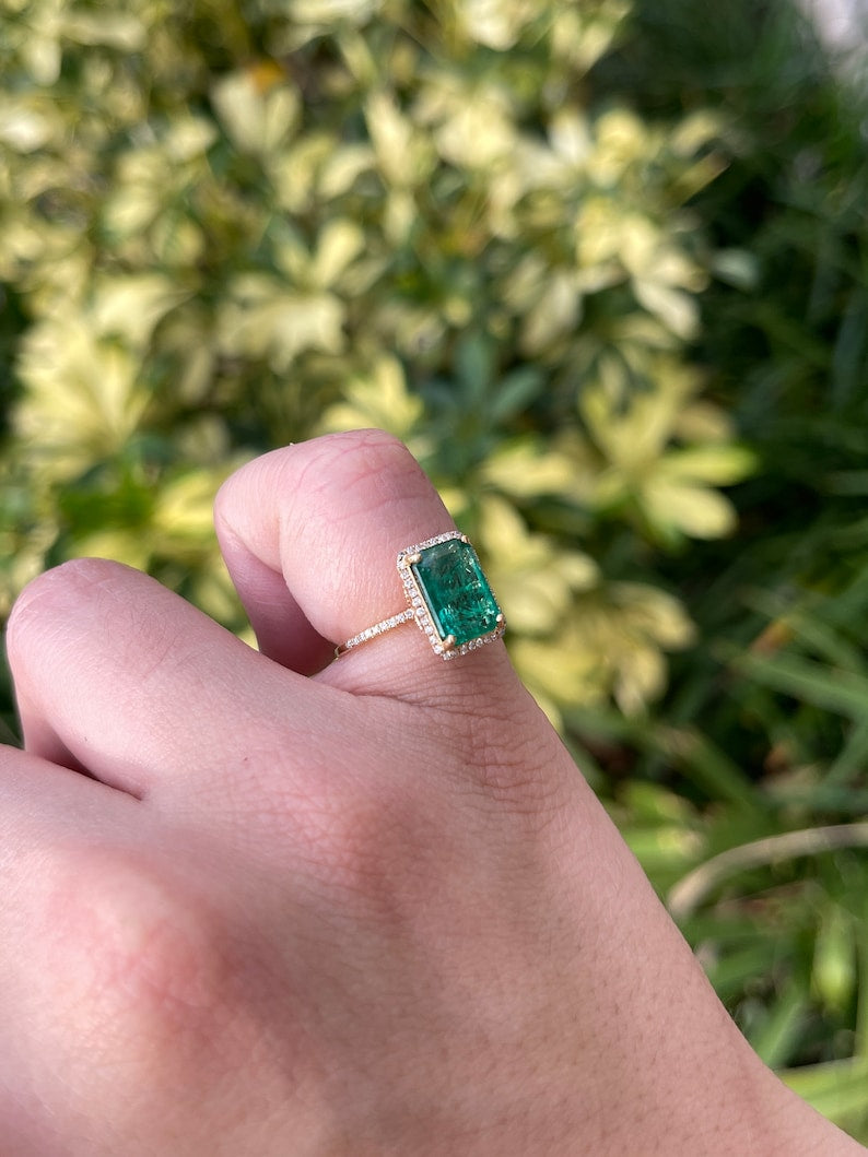 2.95tcw 14K Gold Emerald Cut Green Gemstone & Diamond Halo Floral Right Hand Ring for Women - Perfect for Engagement, Anniversary, or Special Occasion Gift