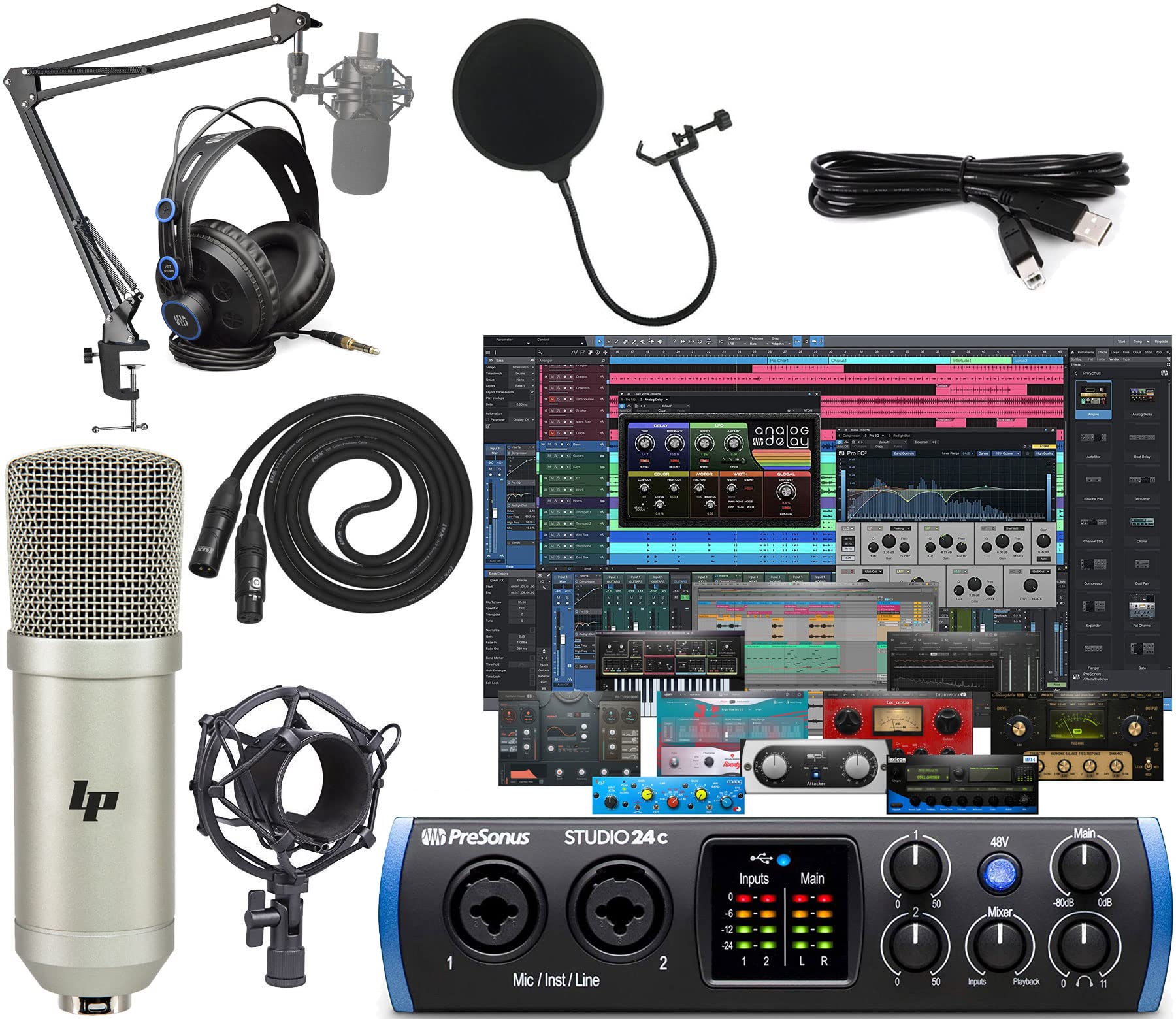PreSonus Studio 24c 2x2 USB-C Audio Interface with Studio One Artist Software, Boom Arm & HD7 Headphones - Professional Recording, Podcasting & Music Production Studio Kit