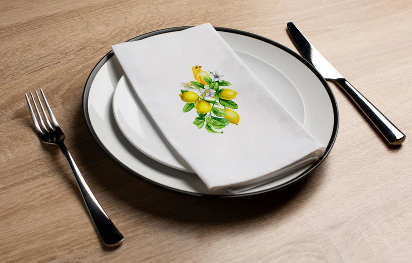 Disposable Linen-Like Paper Guest Towels - 16 Pack | Lemon Bird Foliage Design | Perfect for Parties, Weddings & Upscale Events