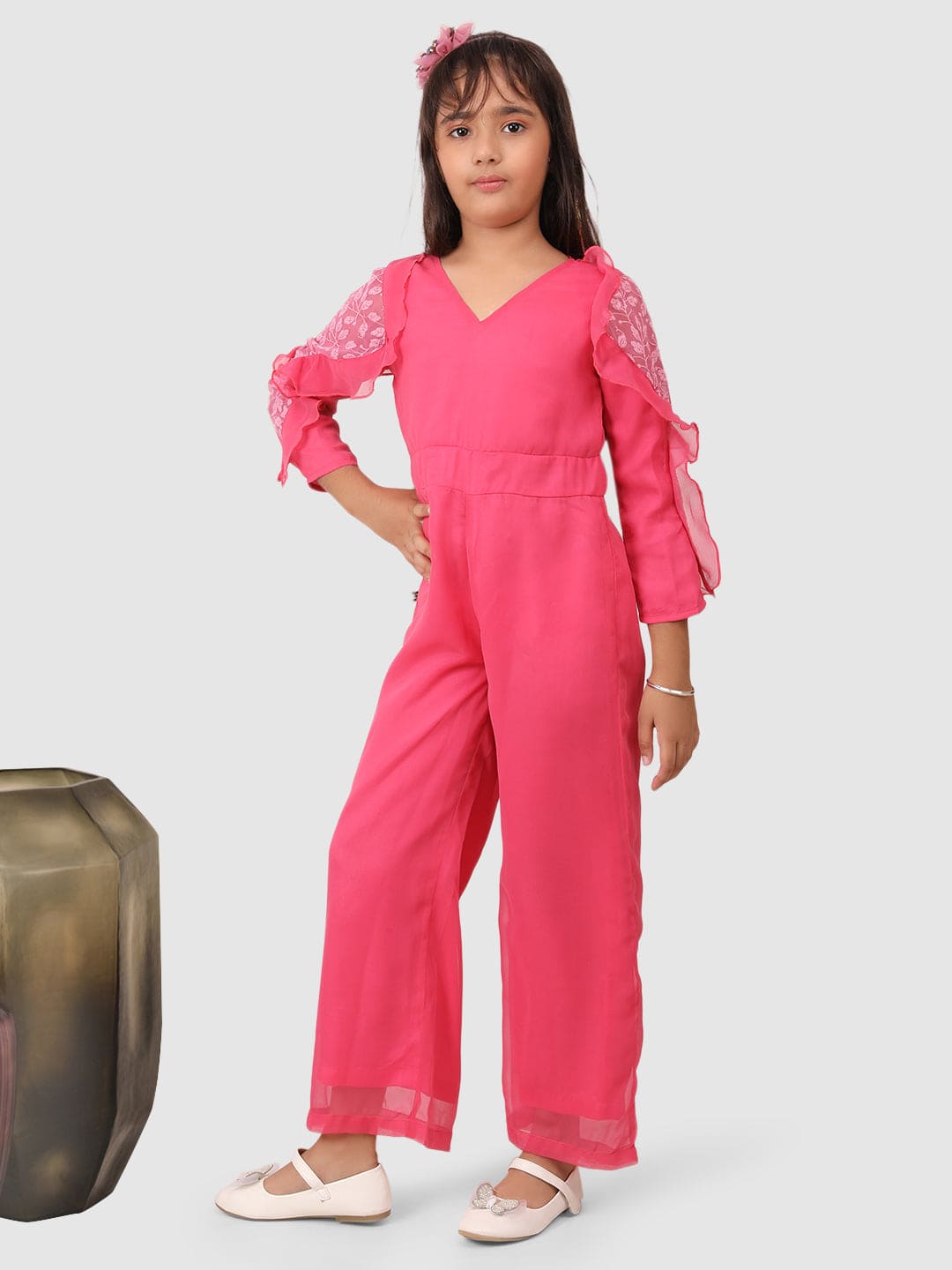 Elegant Pink Jumpsuit with Ruffle Net Sleeves - Women's Fashion Romper for Party, Wedding & Special Occasions