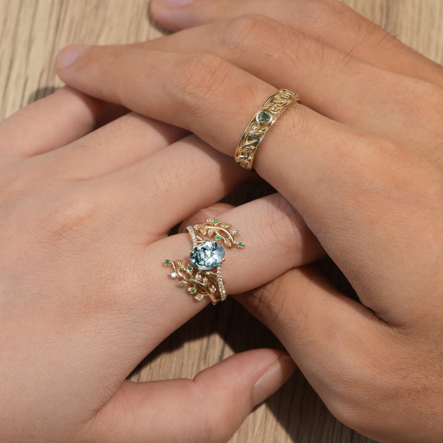Nature-Inspired Moss Agate Couples Ring Set - Unique Leaf Vine Green Agate Wedding Band for Men & Women - His & Hers Engagement Ring Gift - Perfect for Anniversaries, Proposals & Romantic Occasions