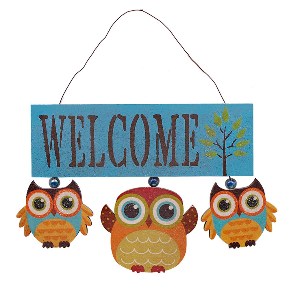 Owl Welcome Sign - Wooden Door Hanging Plaque for Fall & Halloween Porch Decor