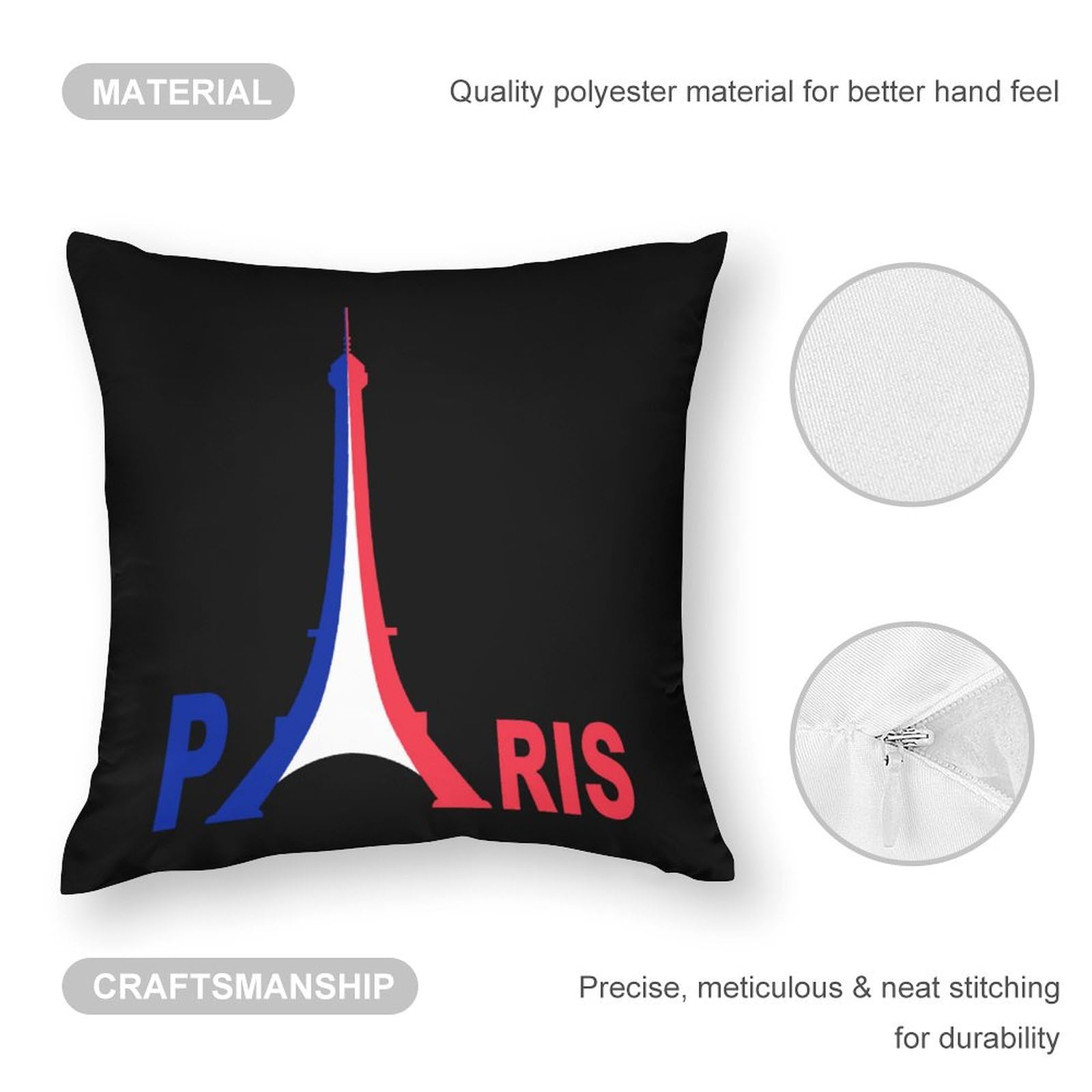 France Flag Eiffel Tower Pillow Cover - Soft Polyester Cushion Case 20x20 Inches for Sofa, Bed, Living Room Decor - Perfect for Home, Office & Travel