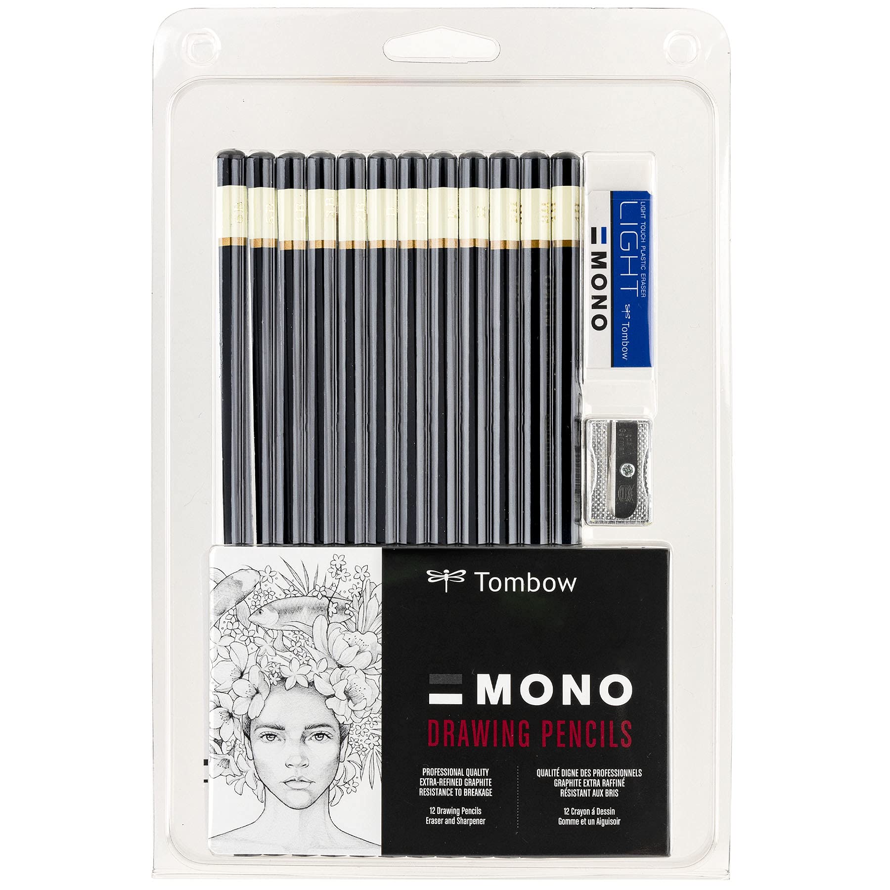 Tombow 51523 MONO Drawing Pencil Set - 12-Pack Professional Graphite Pencils with Assorted Degrees, Eraser & Sharpener - Ideal for Sketching, Shading, and Detailed Artwork