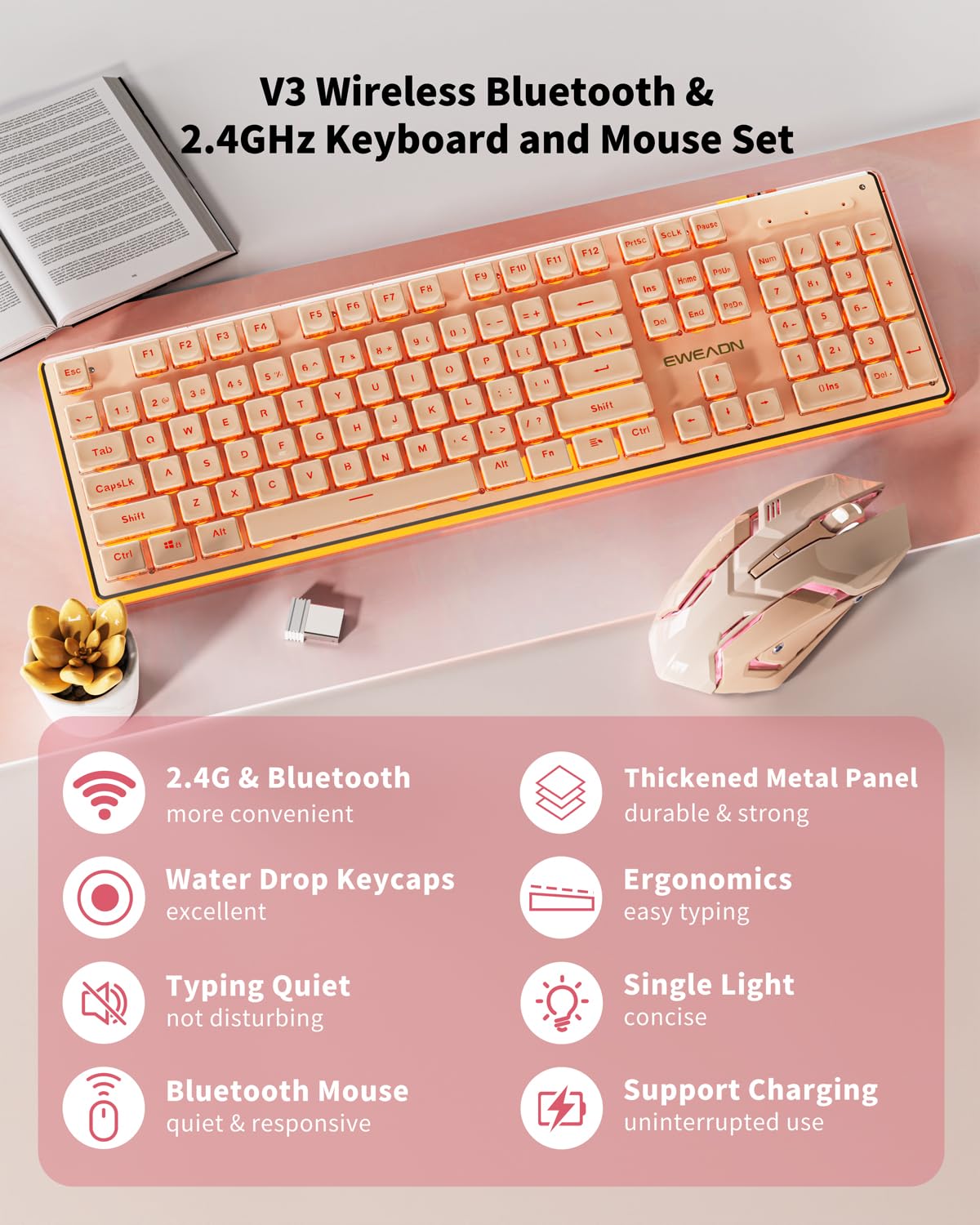 EWEADN V3 Wireless Keyboard and Mouse Combo - Bluetooth/2.4G Rechargeable, Silent Backlit Keyboard with Metal Panel, Full Size Cute Rose Pink Design for Office, Gaming & Home Use