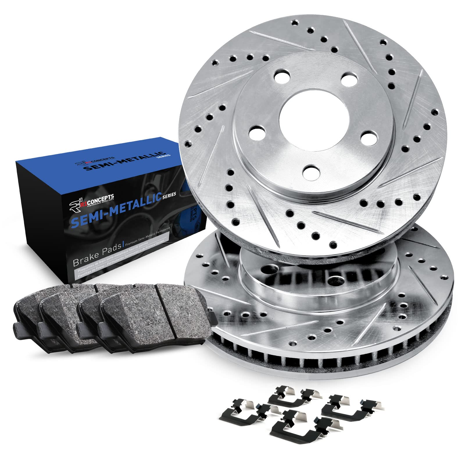 R1 Concepts Rear Brake Pads and Rotors Kit - Semi Metallic Brake Pads with Rotors & Hardware (1EC.47073.43) | Perfect for Truck, SUV, and Sedan Brake Replacement