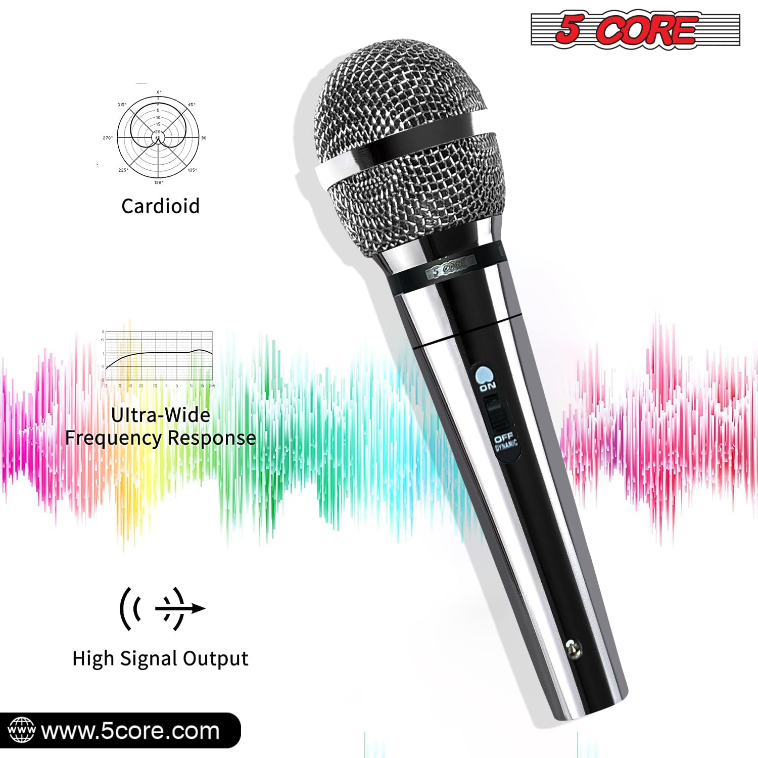5 CORE Dynamic Handheld Microphone - Cardioid Unidirectional Mic with On/Off Switch & XLR Cable for Singing, Karaoke, Live Performances, Podcasting, and Studio Recording - PM 111 CH