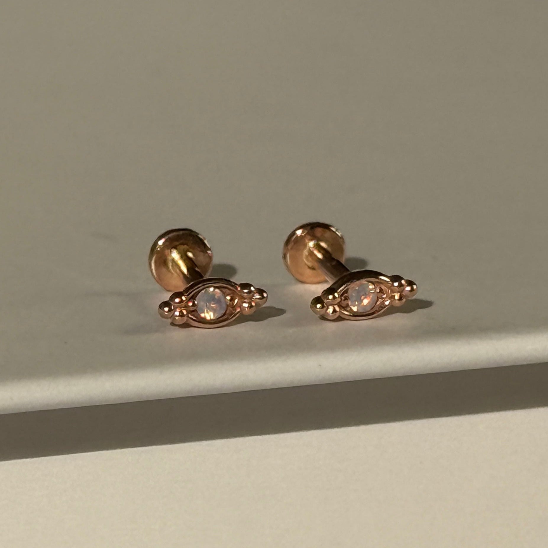 14K Rose Gold Beaded Marquise Opal Evil Eye Flat Back Stud Earrings for Women - Protection Jewelry for Everyday Wear, Gift for Bridesmaids & Best Friends