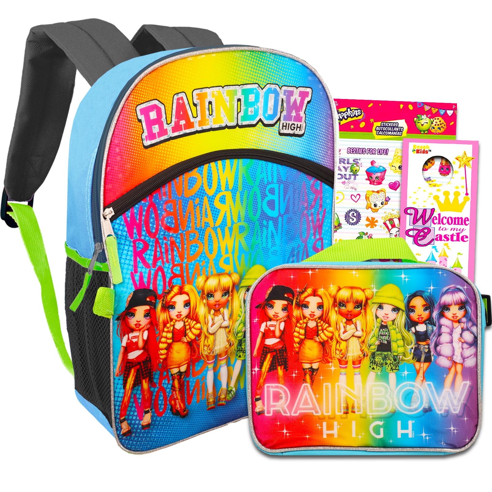 Rainbow High 16 Inch Backpack and Lunch Bag Set for Girls - Stylish School Backpack with Insulated Lunch Box, Includes Shopkins Stickers (Perfect for High School, College, Travel & Daily Use)