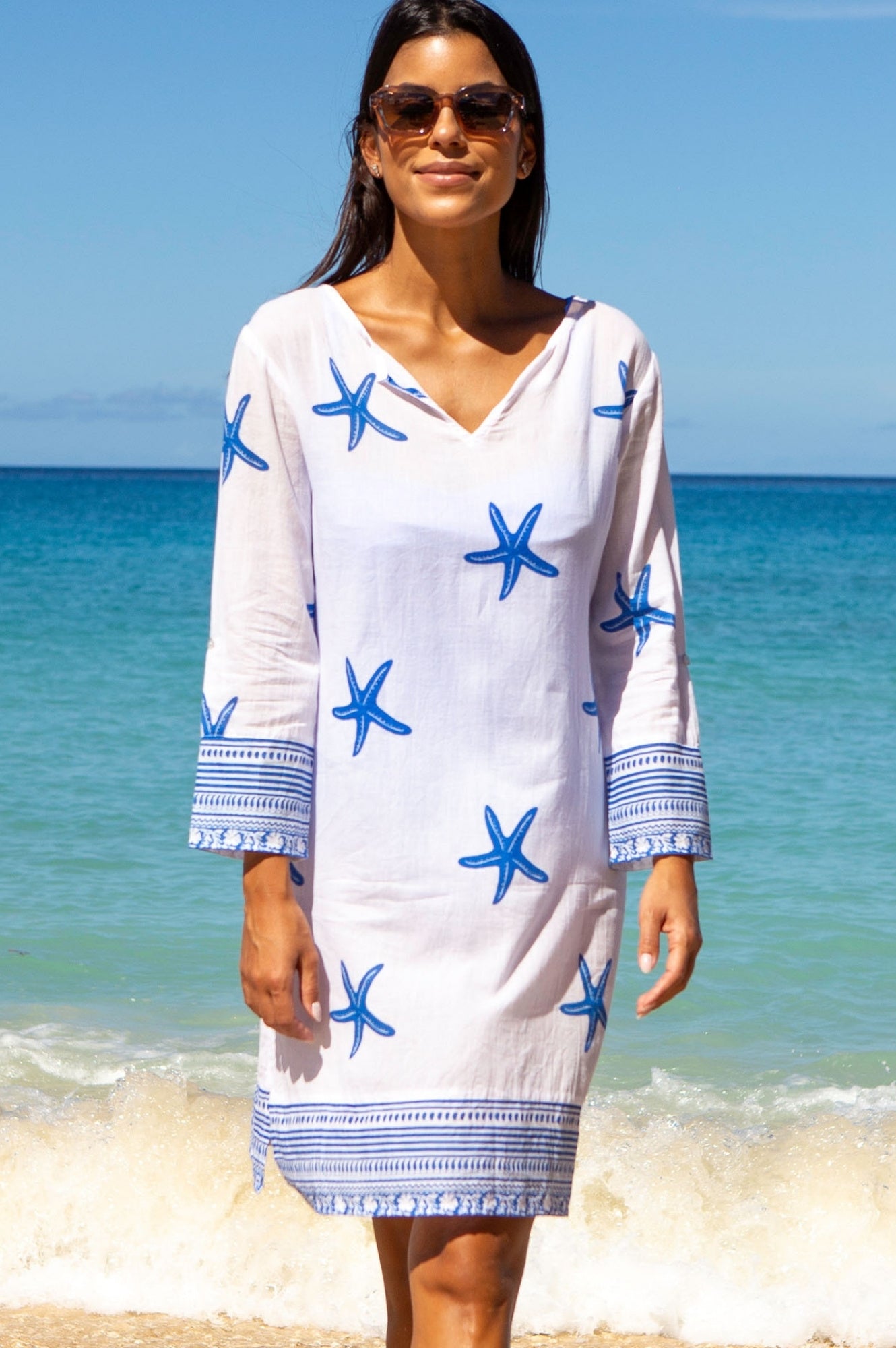 Organic Cotton Guadalupe Short Tunic - Starfish White & Cobalt Blue | Casual Summer Top for Women, Beach Cover-Up, Boho Chic Outfit
