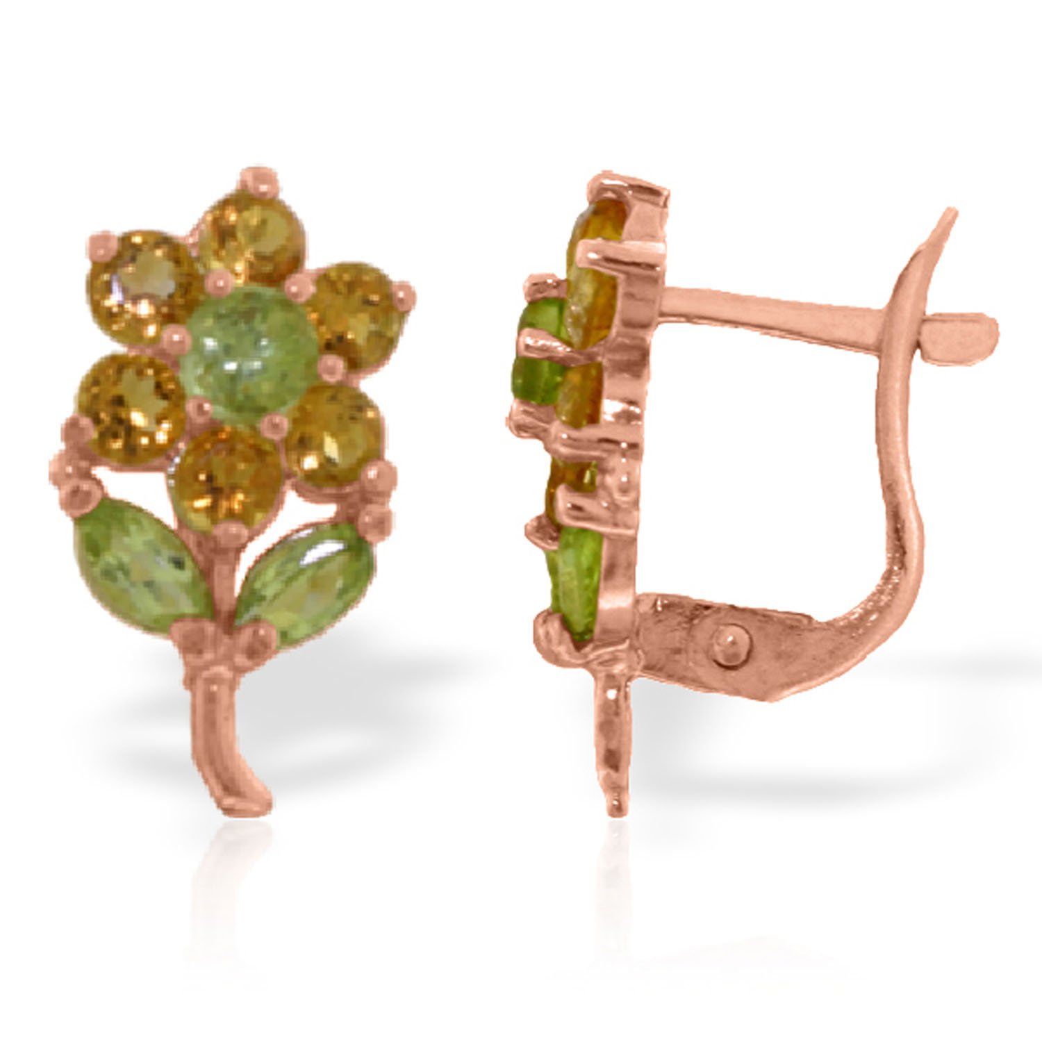 2.12 Carat 14k Solid Rose Gold Floral Stud Earrings with Citrine & Peridot Gemstones - Perfect for Weddings, Anniversaries & Special Occasions