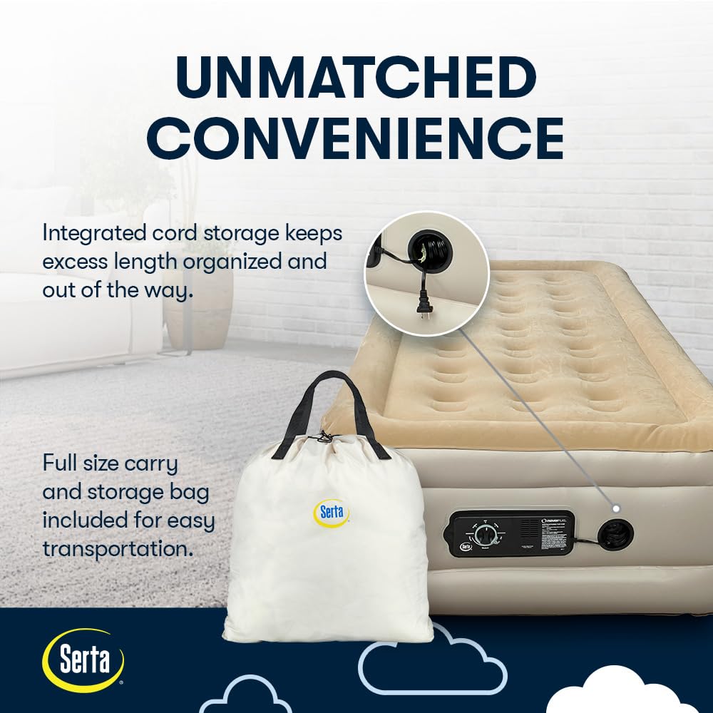 Serta Raised Air Mattress with Never Flat Pump - Luxury Inflatable Mattress with Built-in Air Pump for Comfortable Sleep | Heavy Duty Blow Up Bed with Self-Inflating Technology | Perfect for Camping, Guest Beds & Home Use