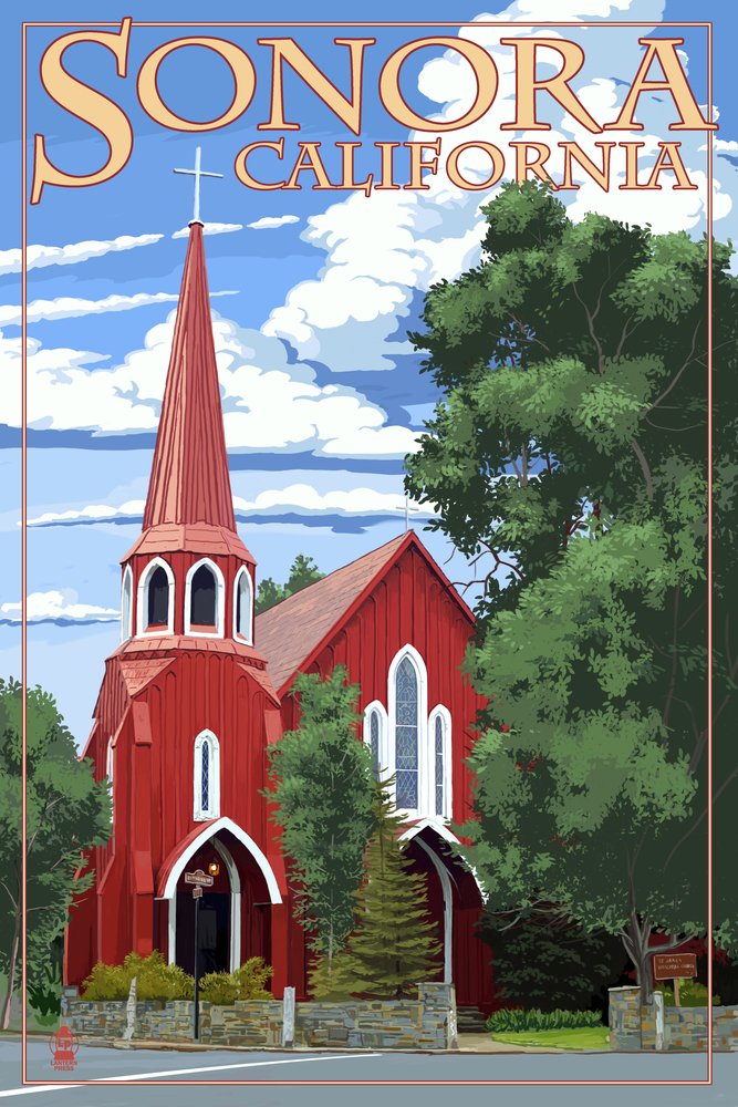 Lantern Press Sonora California Red Church Wall Art - 16x24 Wrapped Canvas Print - Rustic Church Decor for Living Room, Bedroom & Office